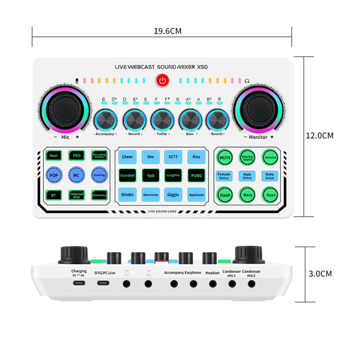 Ein schwarz-weißer Soundmixer mit Knöpfen und Tasten, mit beschrifteten Abmessungen.