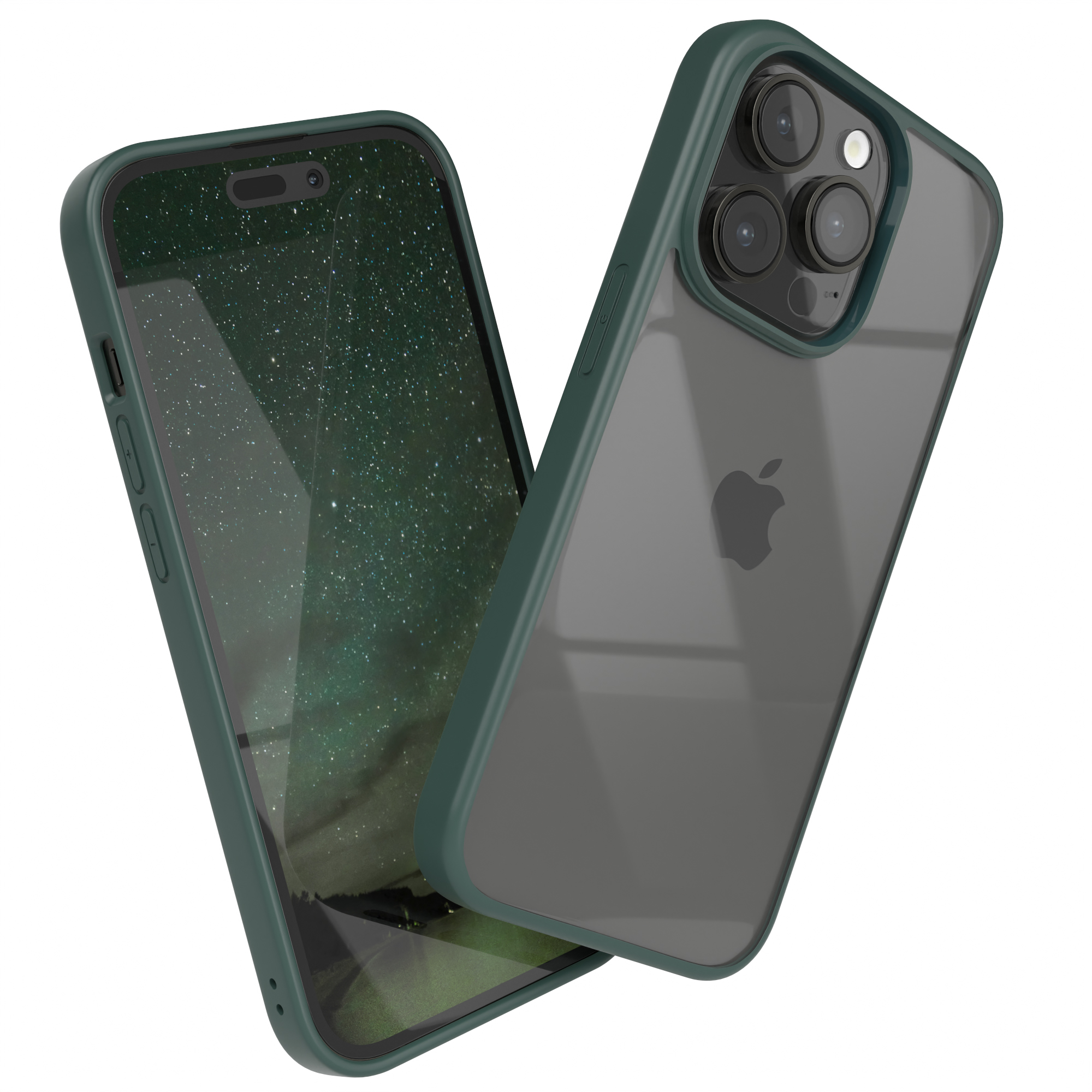 Zwei iPhone-Hüllen, eine auf dem Telefon, die andere daneben. Sie sind grün und transparent.