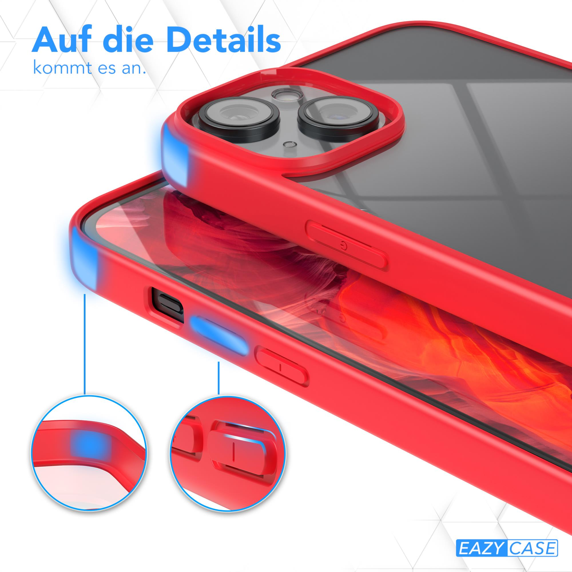 Nahaufnahme einer roten Handyhülle mit blau hervorgehobenen Knöpfen und Text: Details zählen.