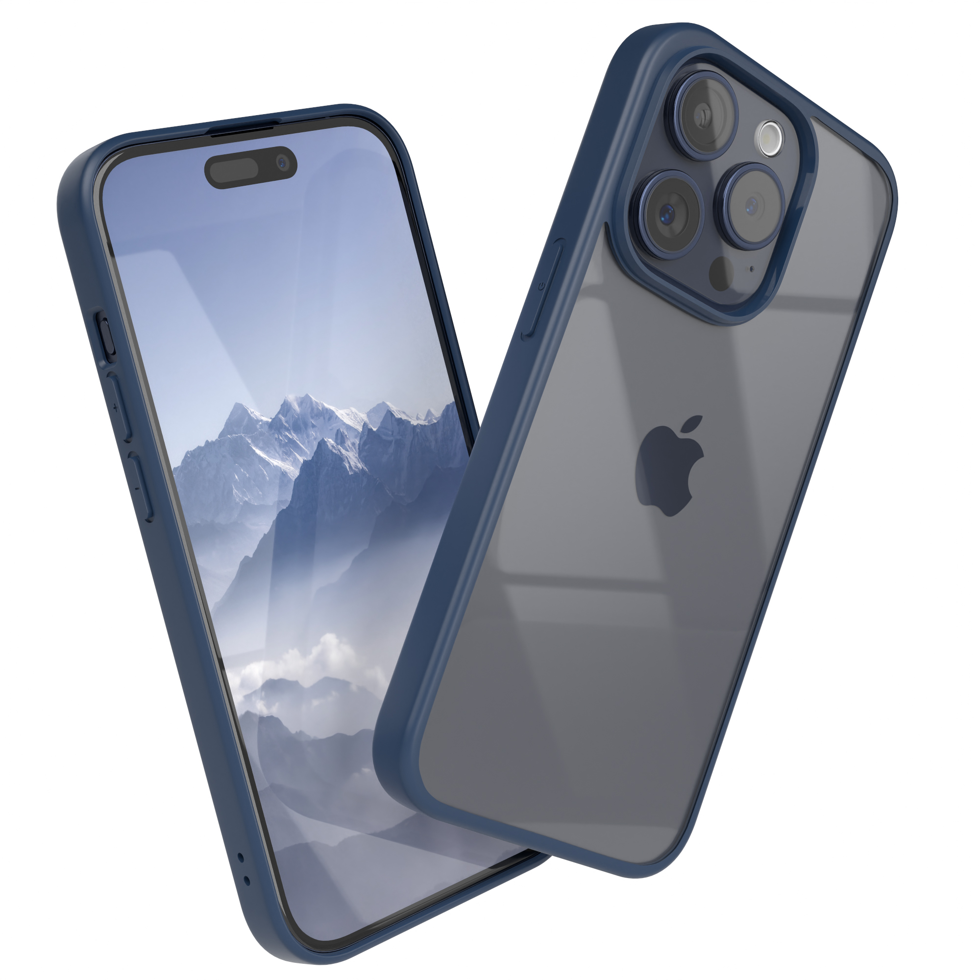 Zwei blaue Handyhüllen mit einem Telefon, das eine Berglandschaft zeigt, und dem Apple-Logo.