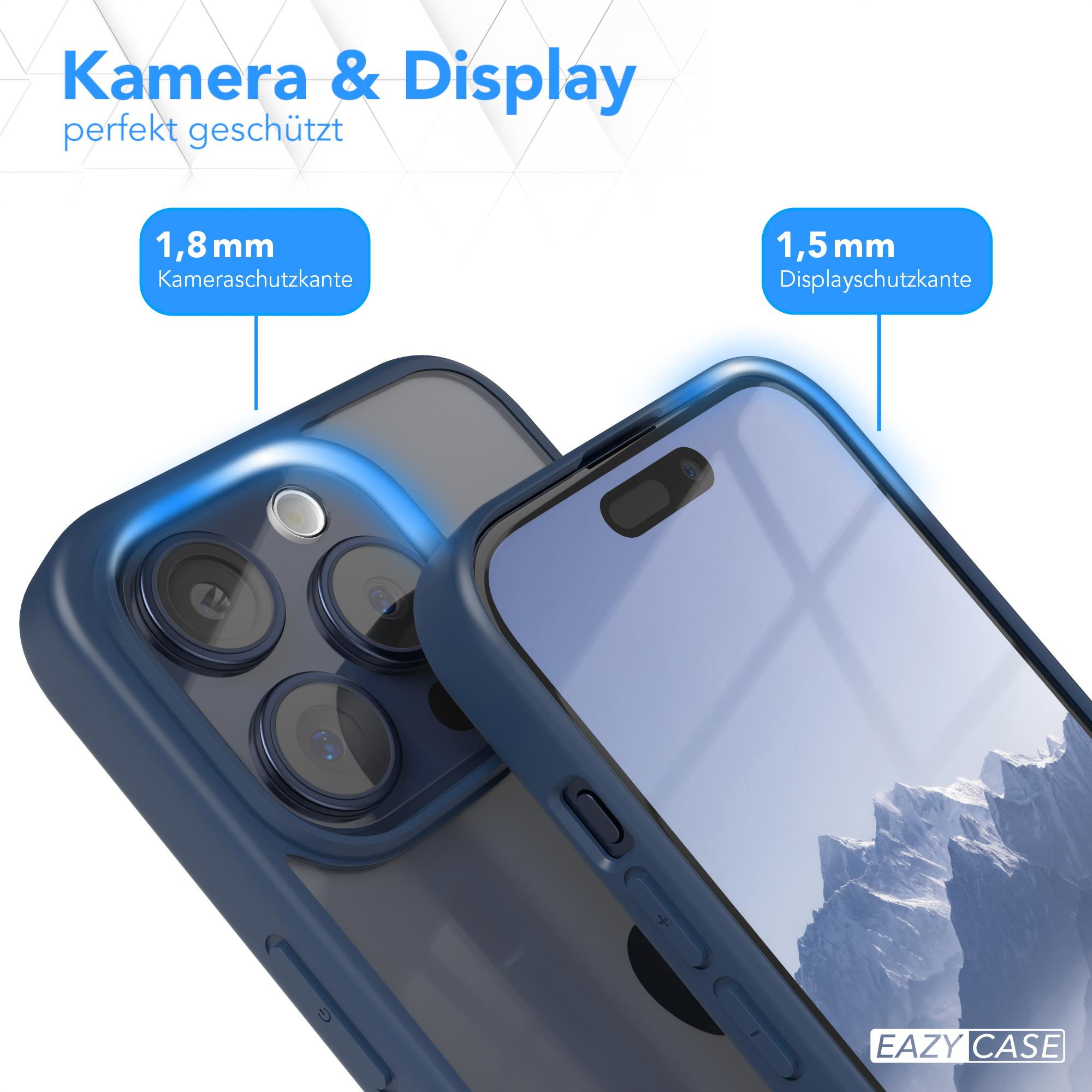 Blaue Handyhülle mit Telefon im Inneren. Der Text auf dem Bild lautet 1,8 mm und 1,5 mm. Eazy Case-Logo unten.