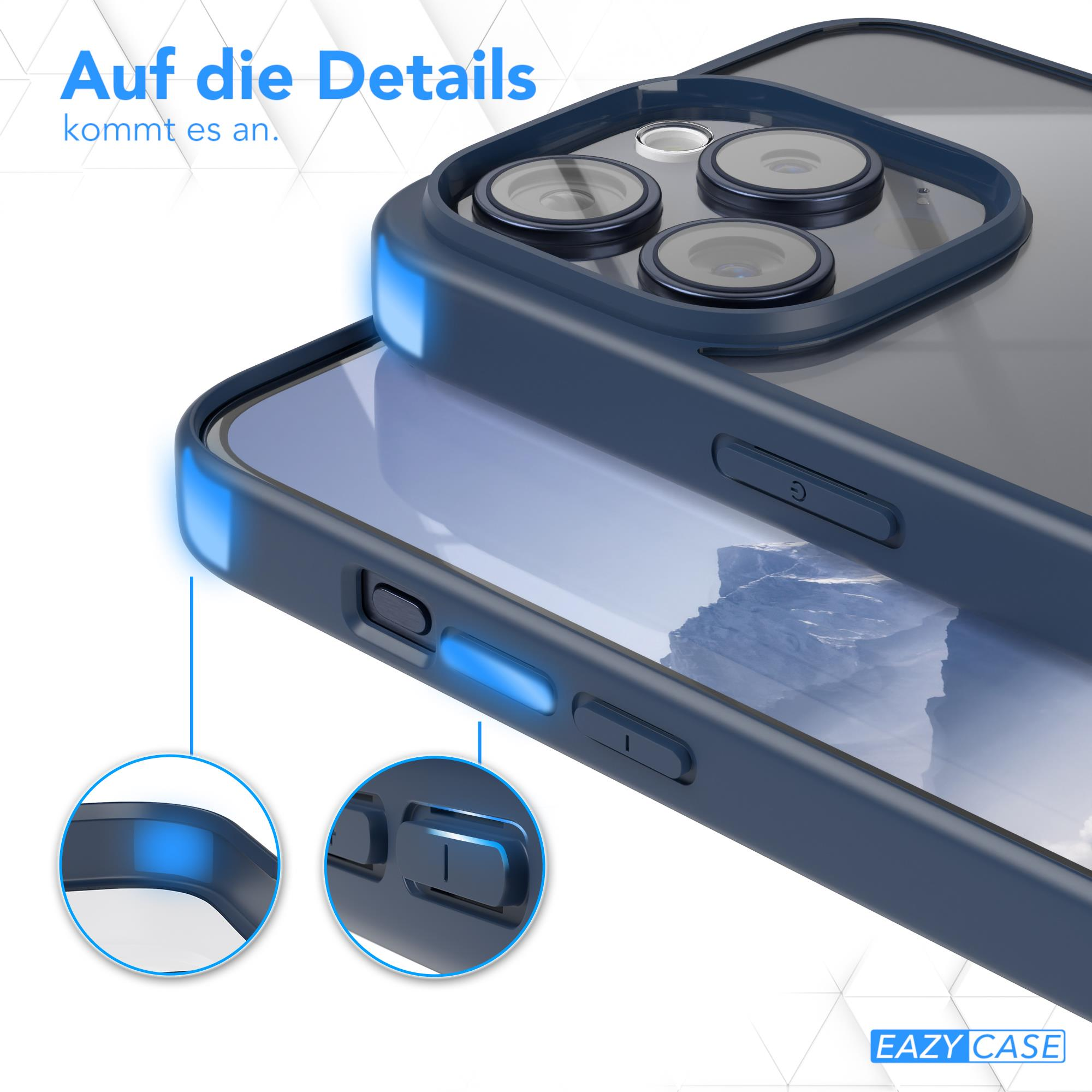 Nahaufnahme einer Handyhülle mit blauen Akzenten. Text: Liebe zum Detail, mit Knopfdetails.