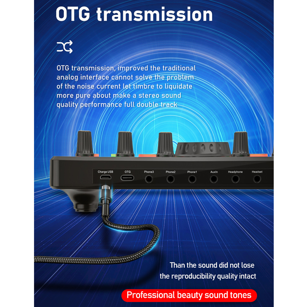Soundmixer mit Kabeln. Text: OTG-Übertragung. Text: Professionelle Schönheitstöne. Schwarz und Grau.