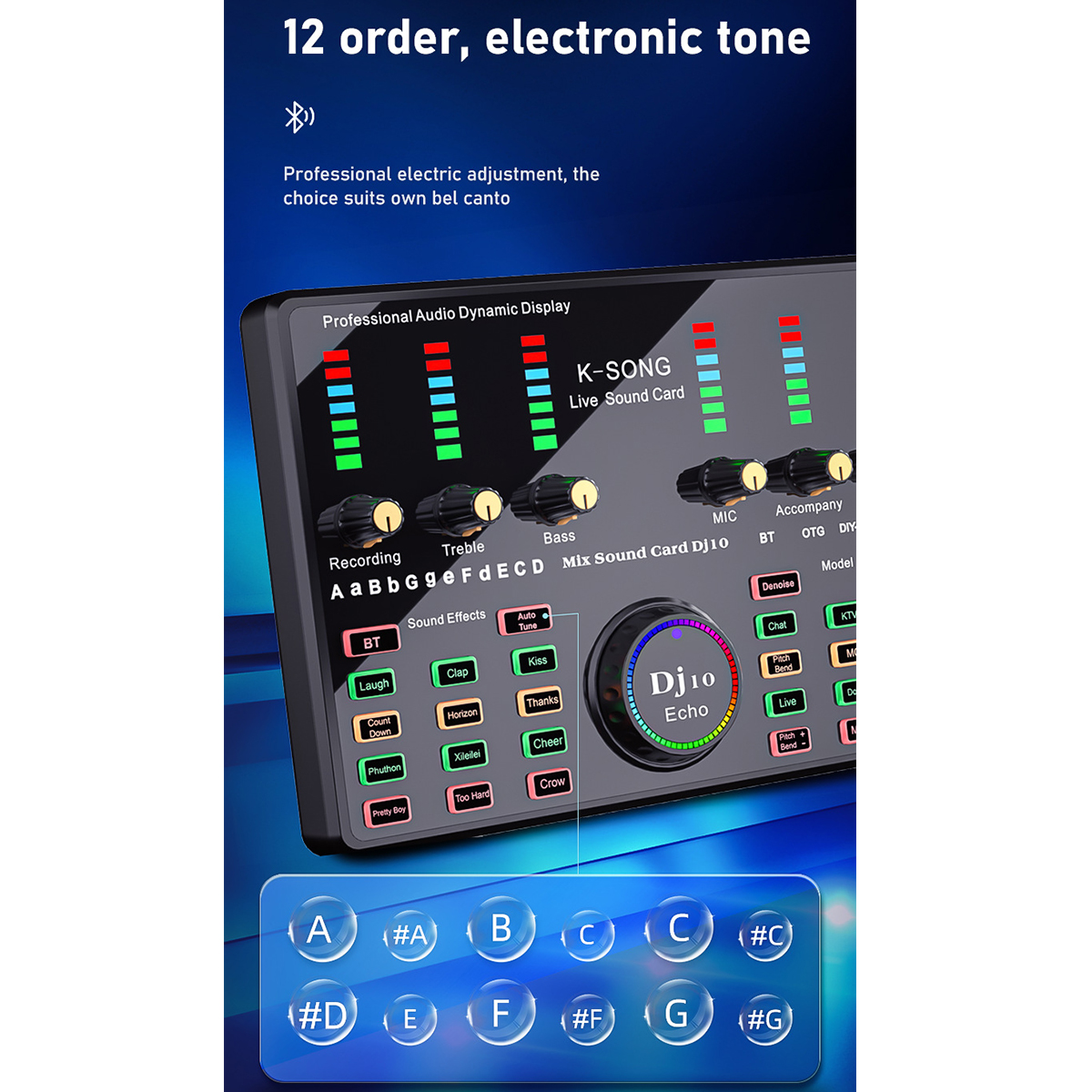 Audiomixer mit mehreren Fadern und Tasten. Text oben: 12 Ordnung, elektronischer Ton.