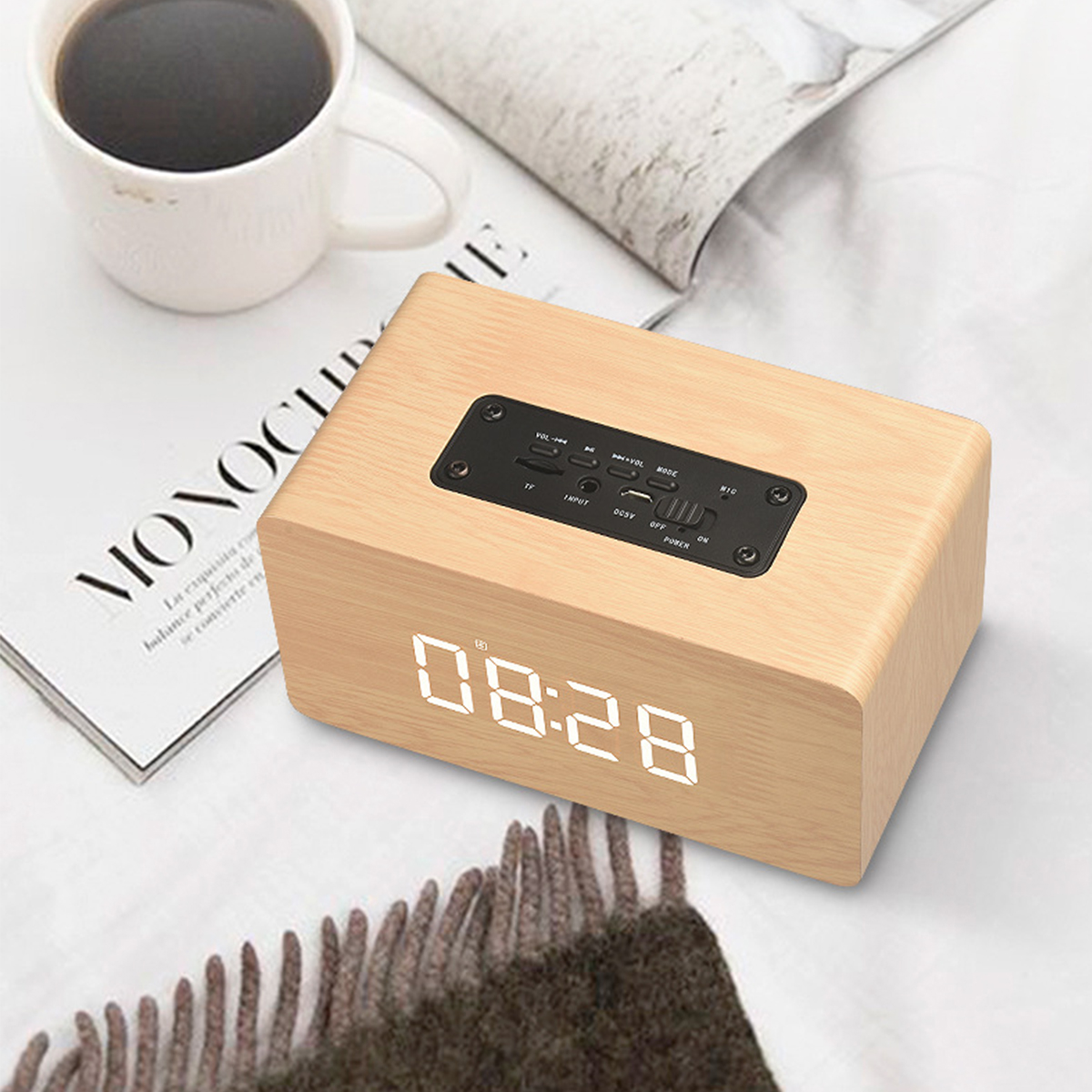 Bluetooth Holzdesign - Bluetooth-Lautsprecher, Uhrfunktion Lautsprecher Alarm - Wecker & Gelb BRIGHTAKE