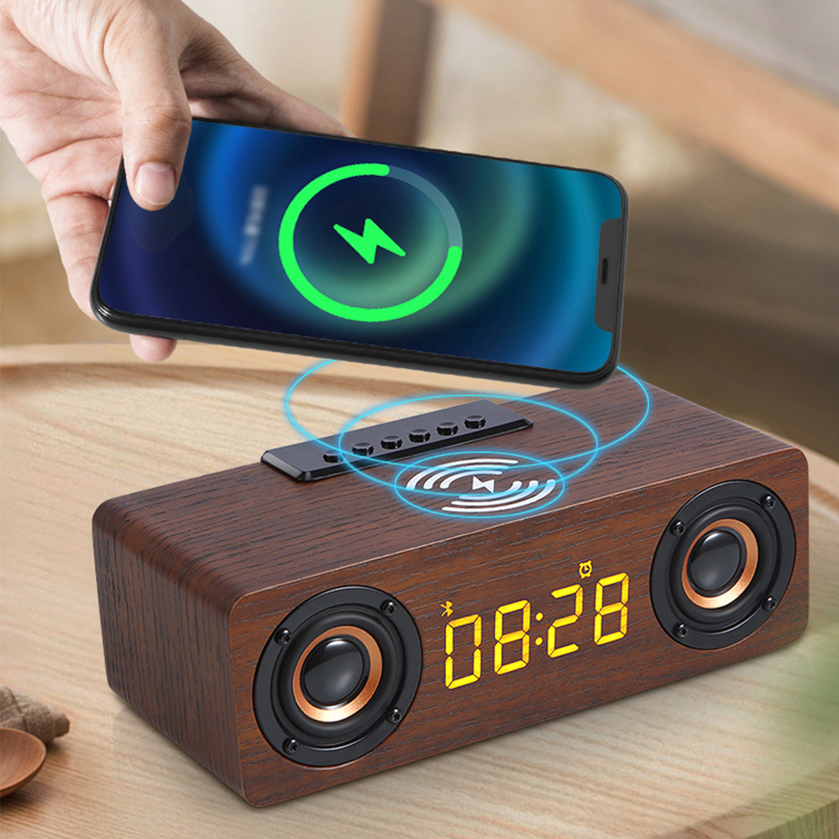 BRIGHTAKE Wireless Charging Clock Bluetooth Holzdesign Lautsprecher - TF-Kartenunterstützung - Bluetooth-Lautsprecher, USB Braun 