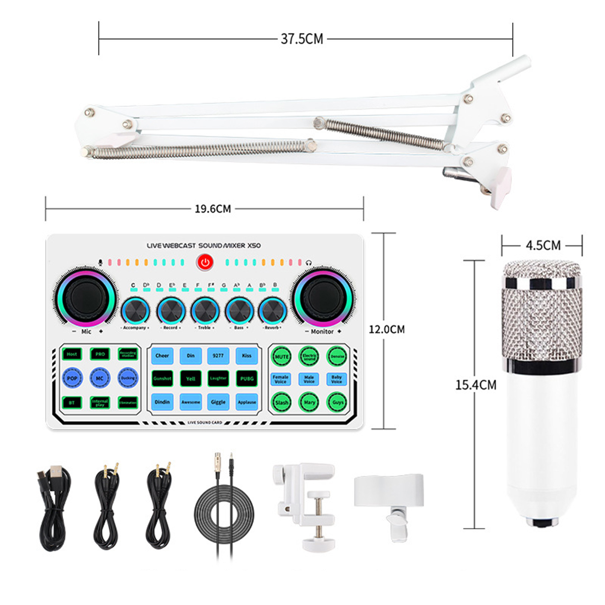 Ein Soundmixer, Mikrofon und Ständer, mit verschiedenen Kabeln und Zubehör angeordnet.
