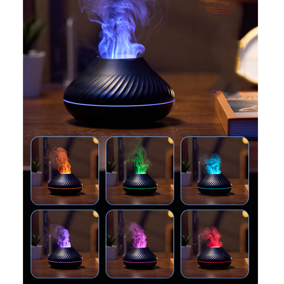 Schwarzer Aroma-Diffusor mit farbigen Flammeneffekten, mit sechs Farboptionen.