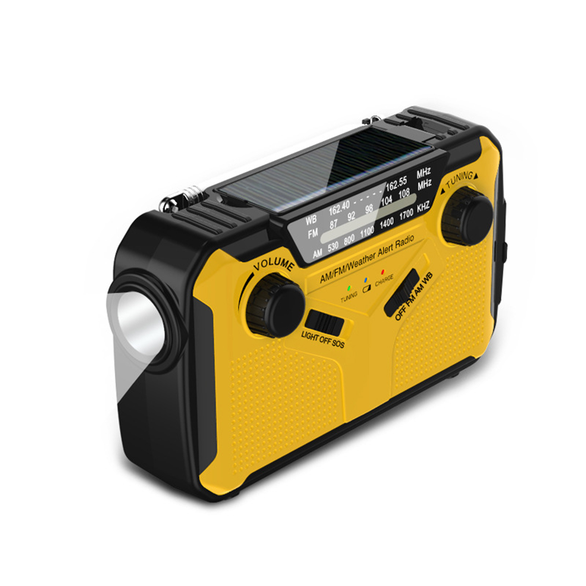 Ein gelb-schwarzes Radio mit Licht und Solarpanel.