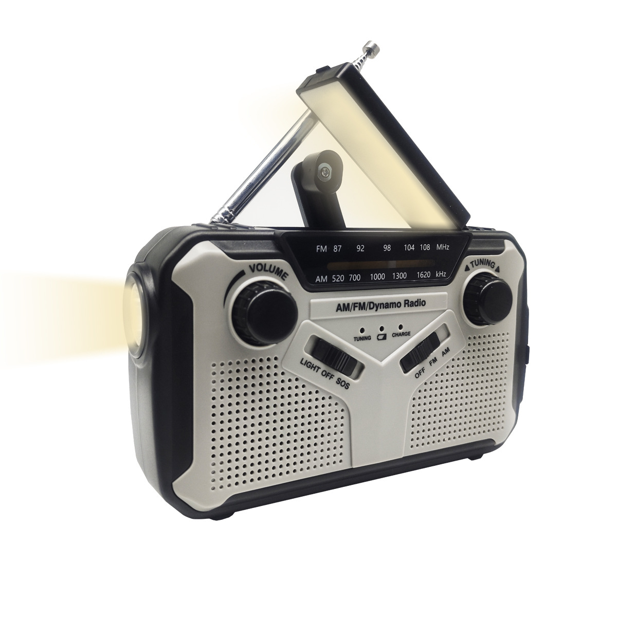 Ein Radio mit Licht und Solarpanel. Es hat Knöpfe für Lautstärke, Tuning und Licht.