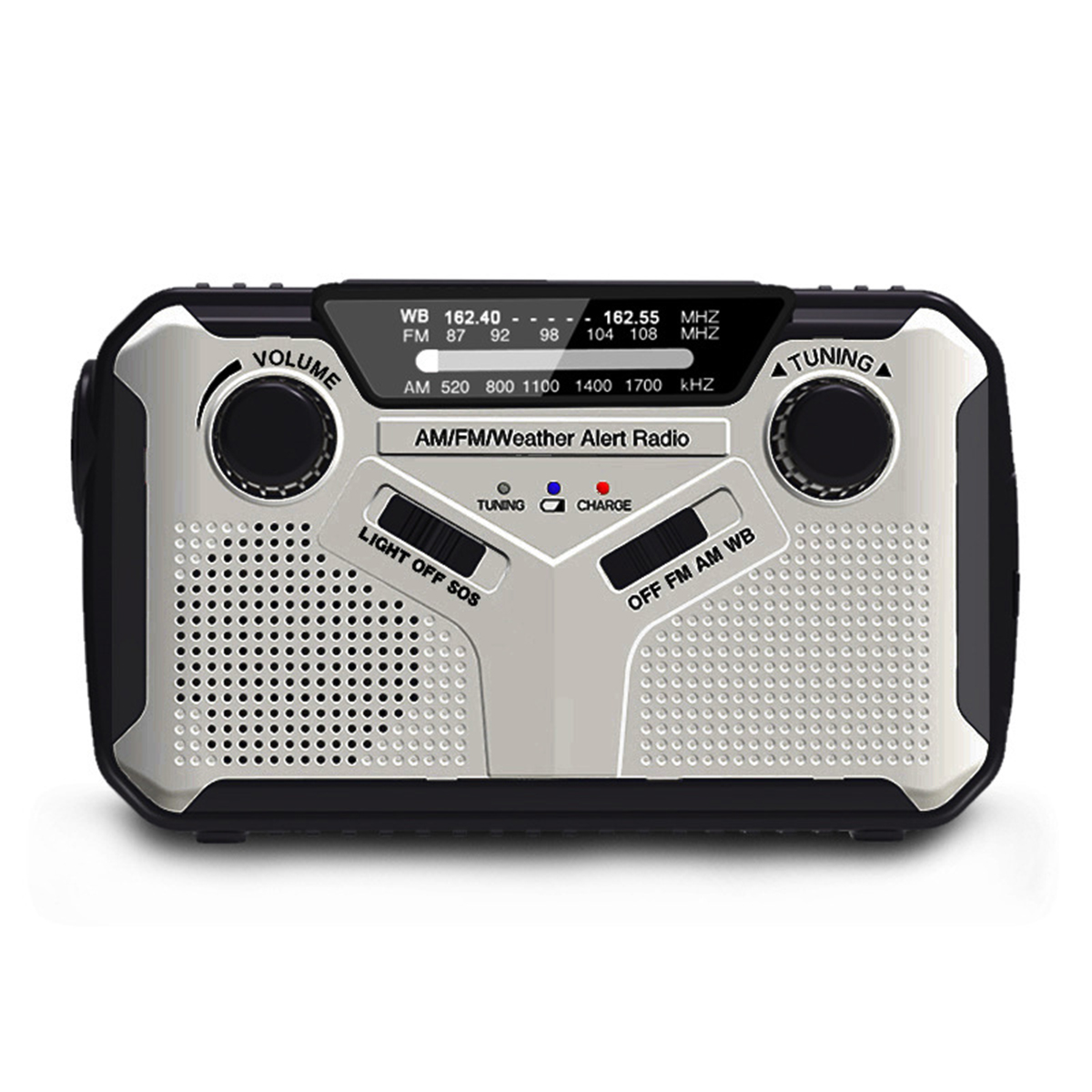 Silber-schwarzes Radio. Bedienelemente für Lautstärke, Tuning und AM/FM. Weißer Hintergrund.