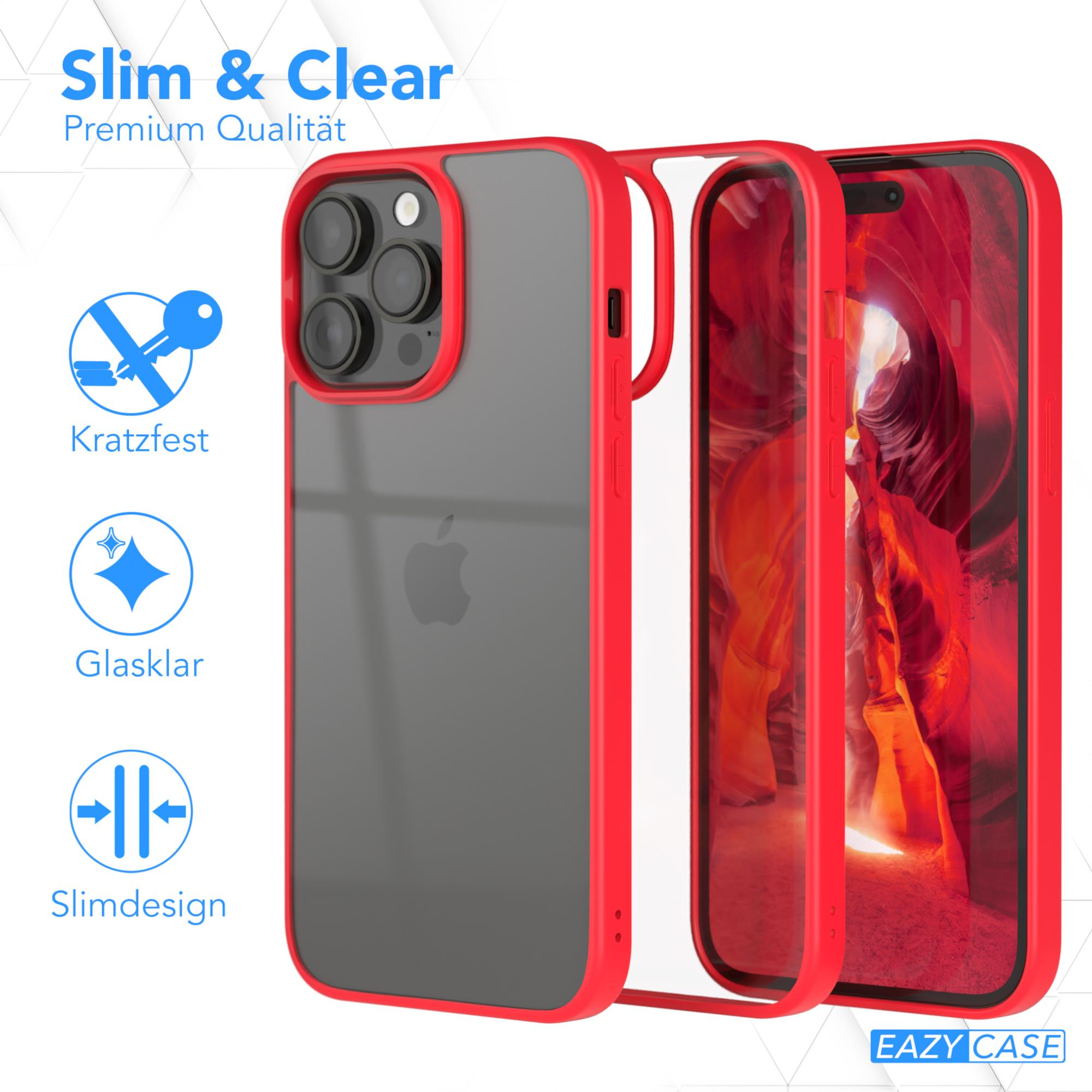 Rote iPhone-Hülle mit durchsichtigem Rücken, rotem Rand und Schutzfunktionen. Text: 'Slim & Clear'.