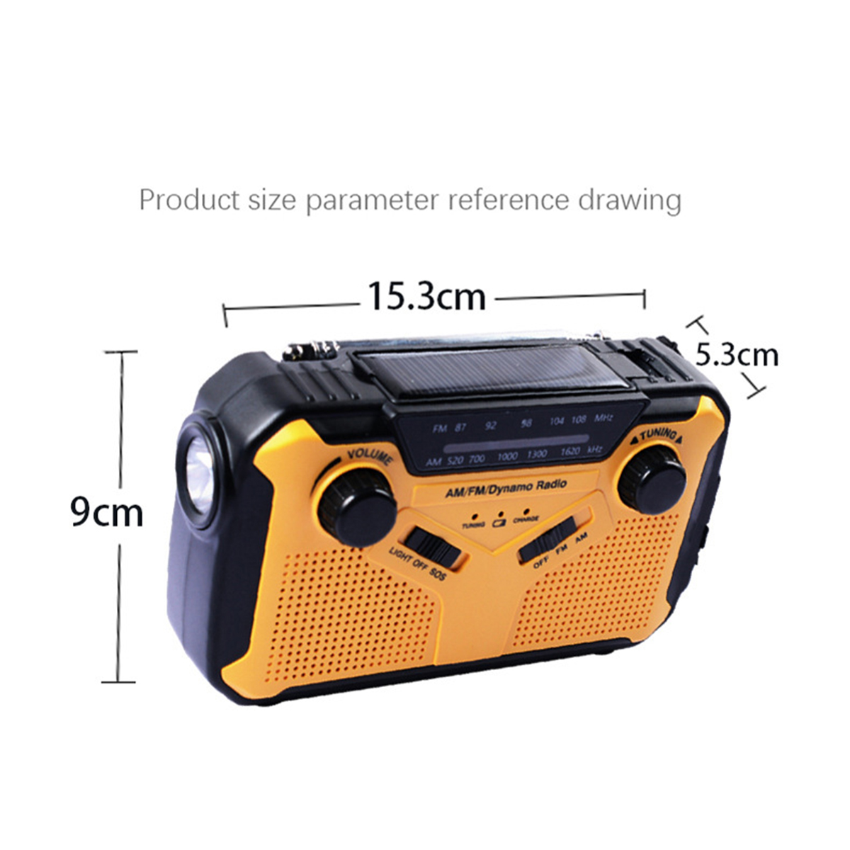 Gelb-schwarzes Radio mit Messungen, Solarpanel und Knöpfen.