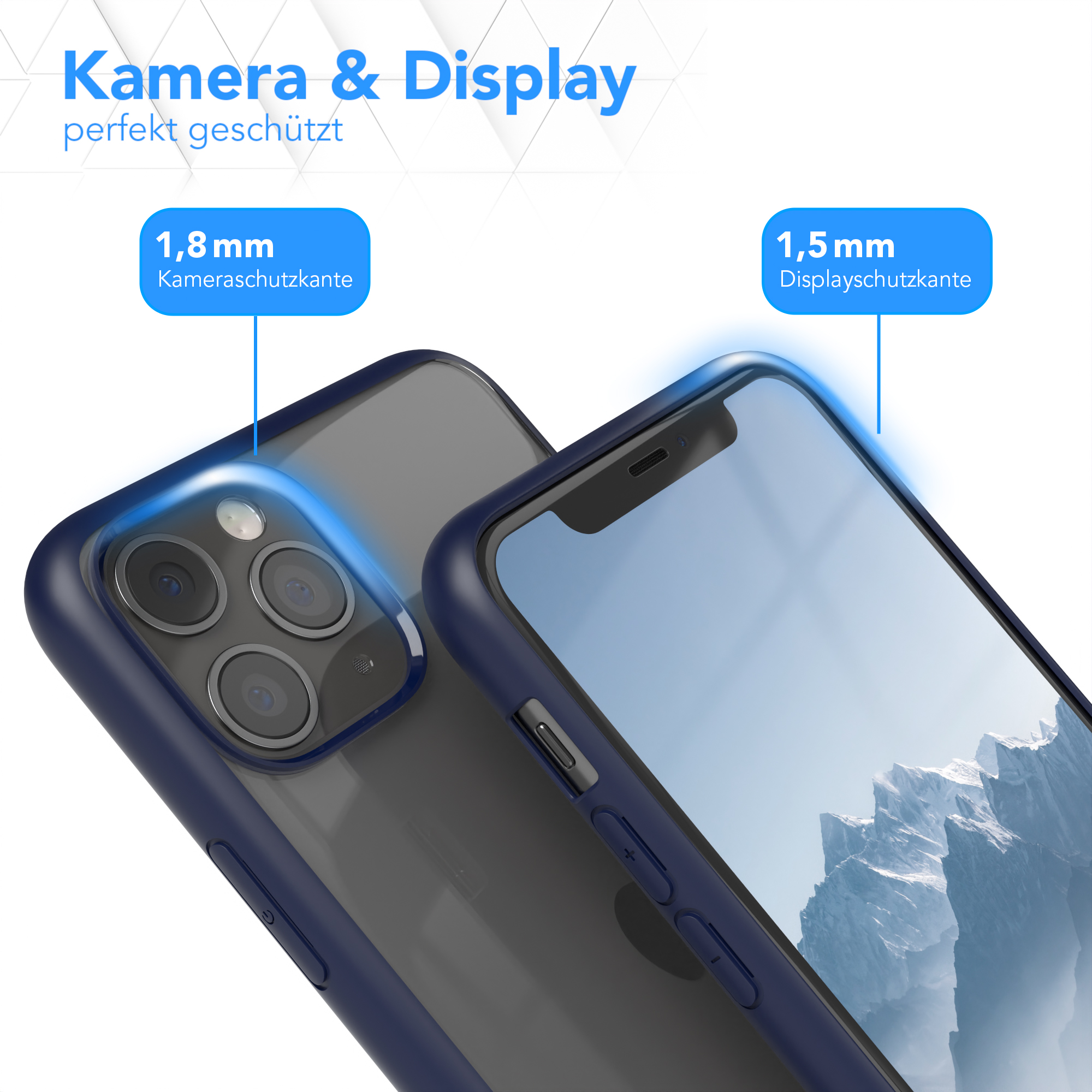 Handyhülle mit Telefon, Text über Kamera- und Displayschutz.