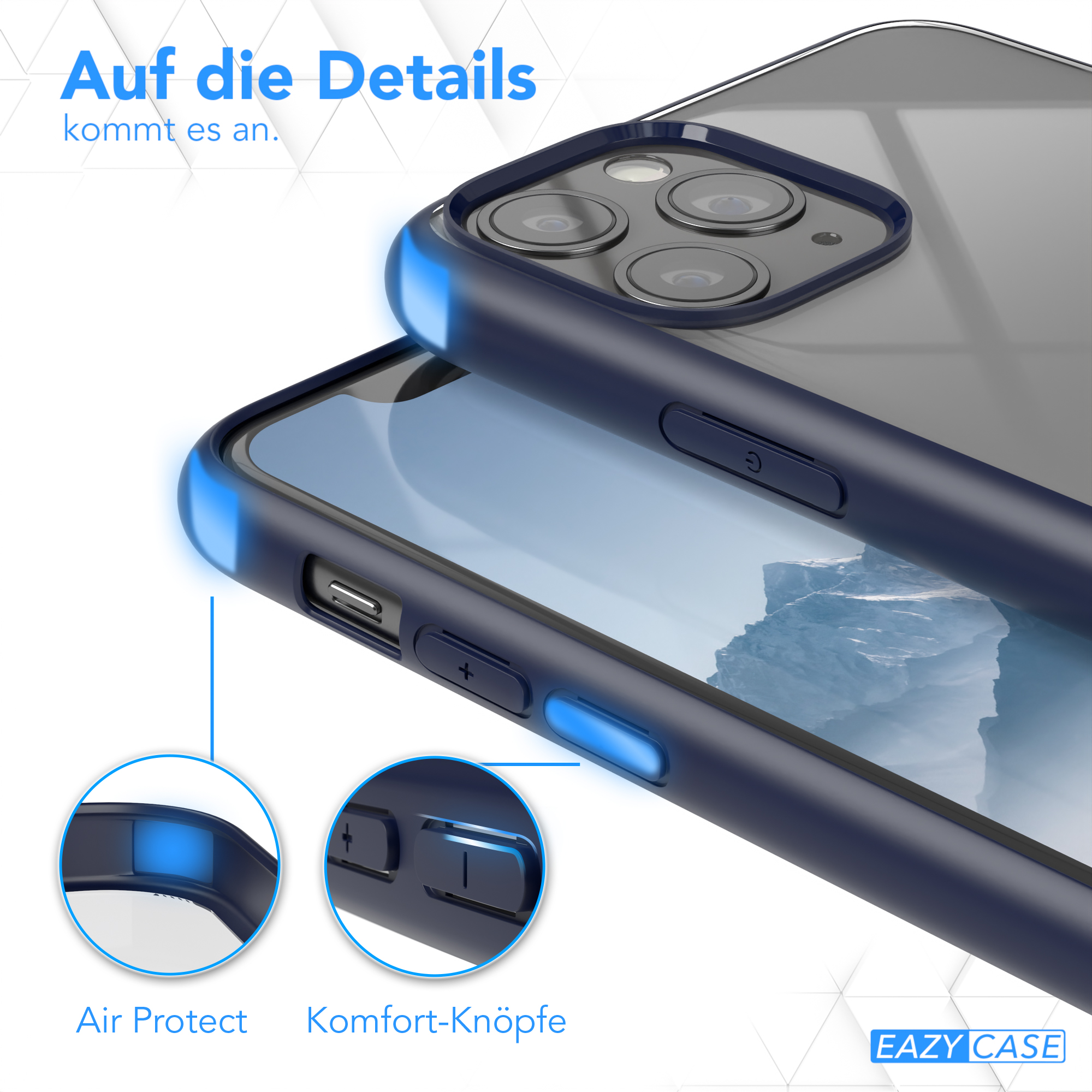 Nahaufnahme einer Handyhülle mit blauen Akzenten, die Luftschutz und Komforttasten hervorhebt.