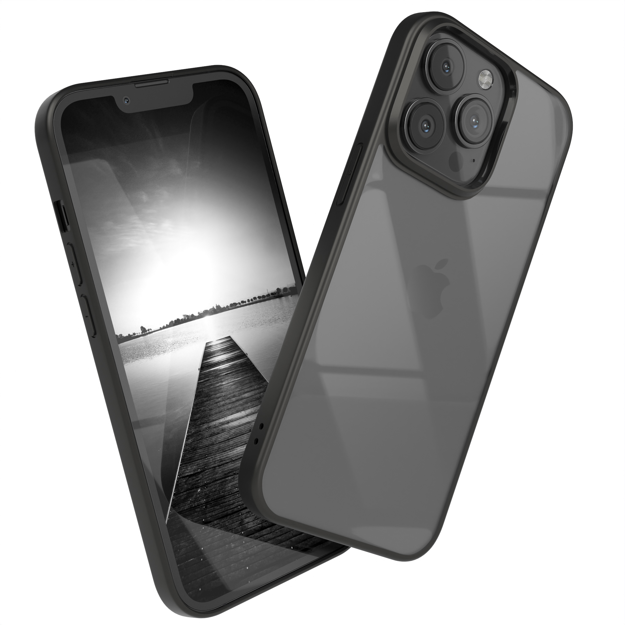 iPhone in schwarzem Case, zeigt schwarz-weiße Stegszene, auf Weiß.