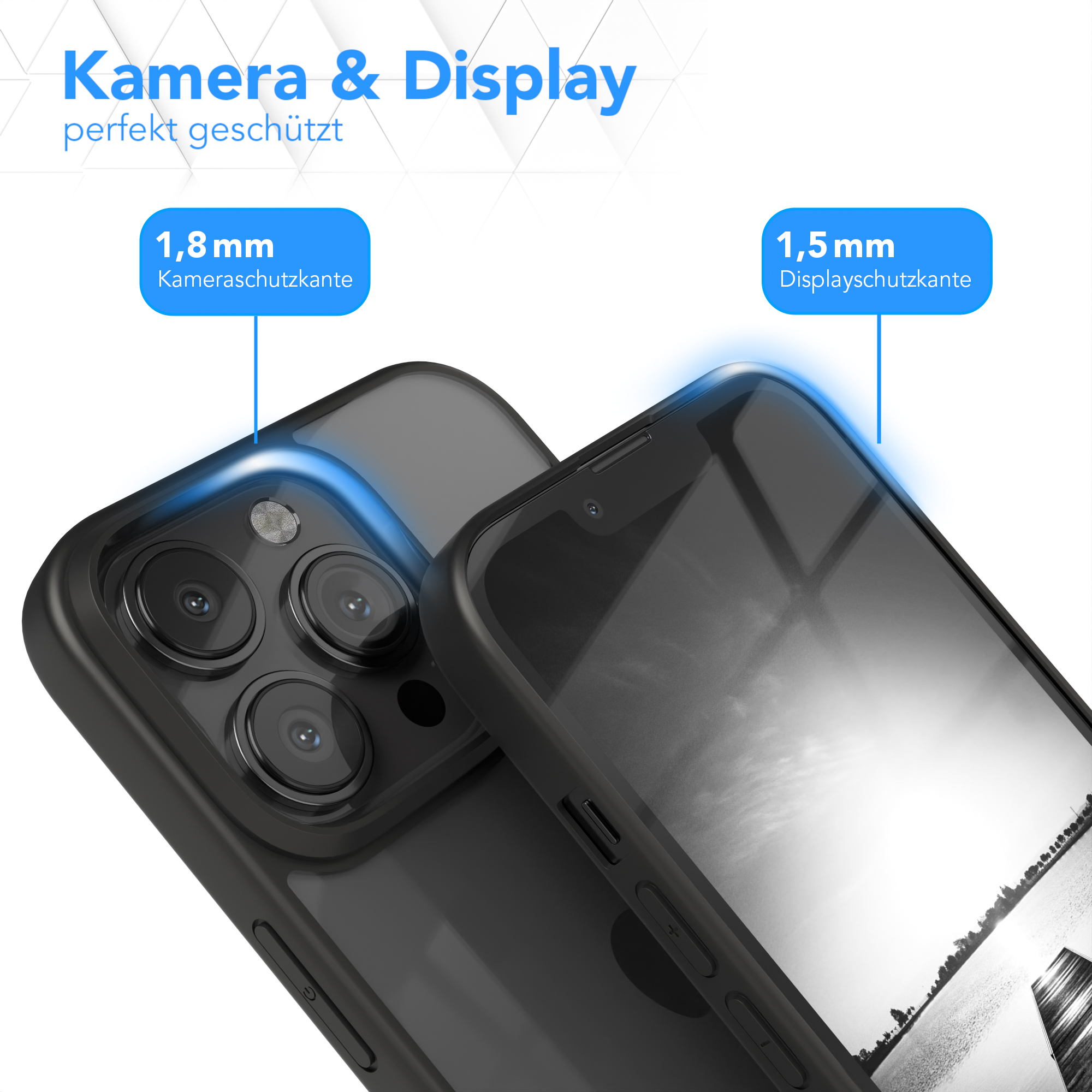 Schwarze Handyhülle, die Kamera und Display schützt, mit Etiketten.