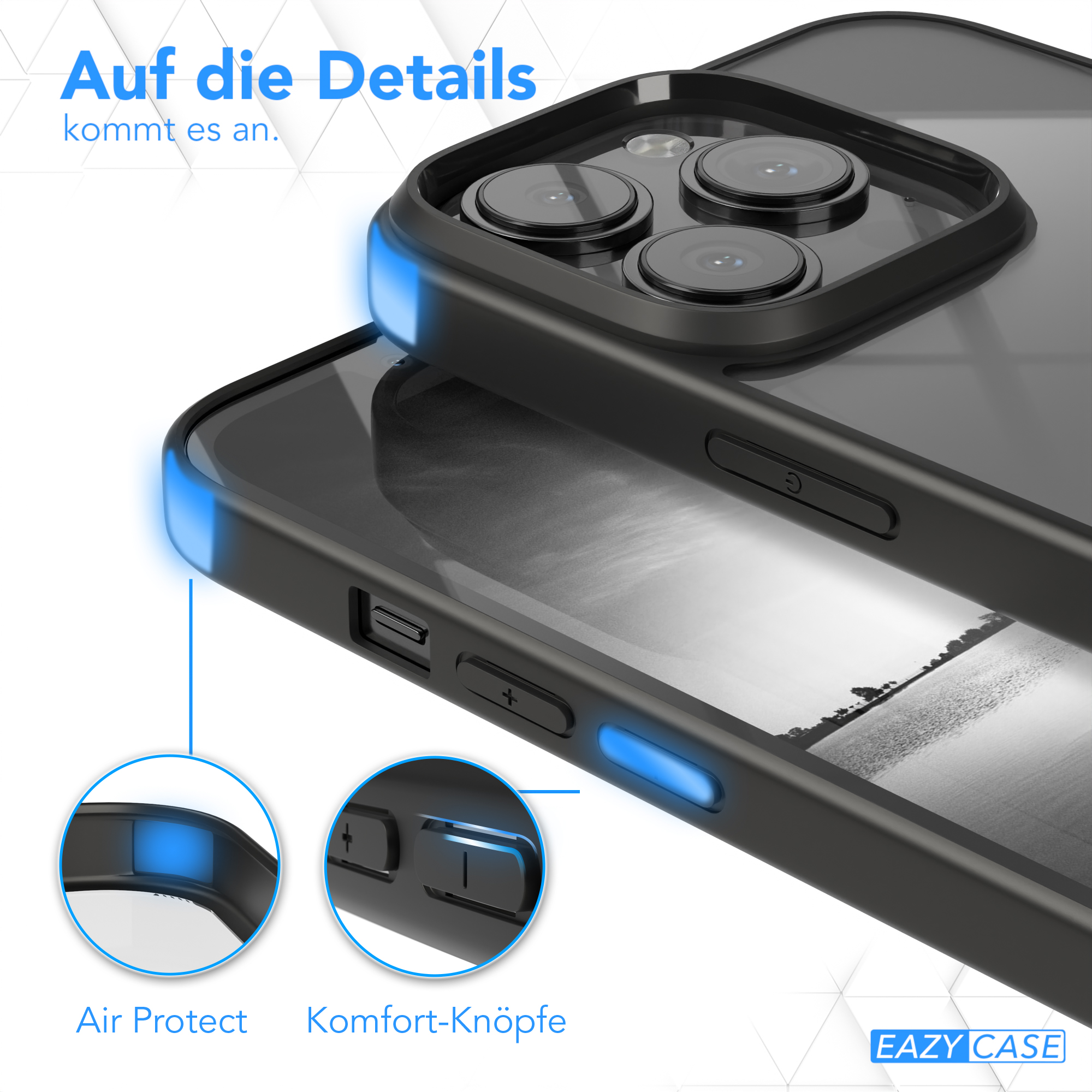 Nahaufnahme einer Handyhülle. Zeigt Air Protect, Komfort-Tasten und Markennamen.