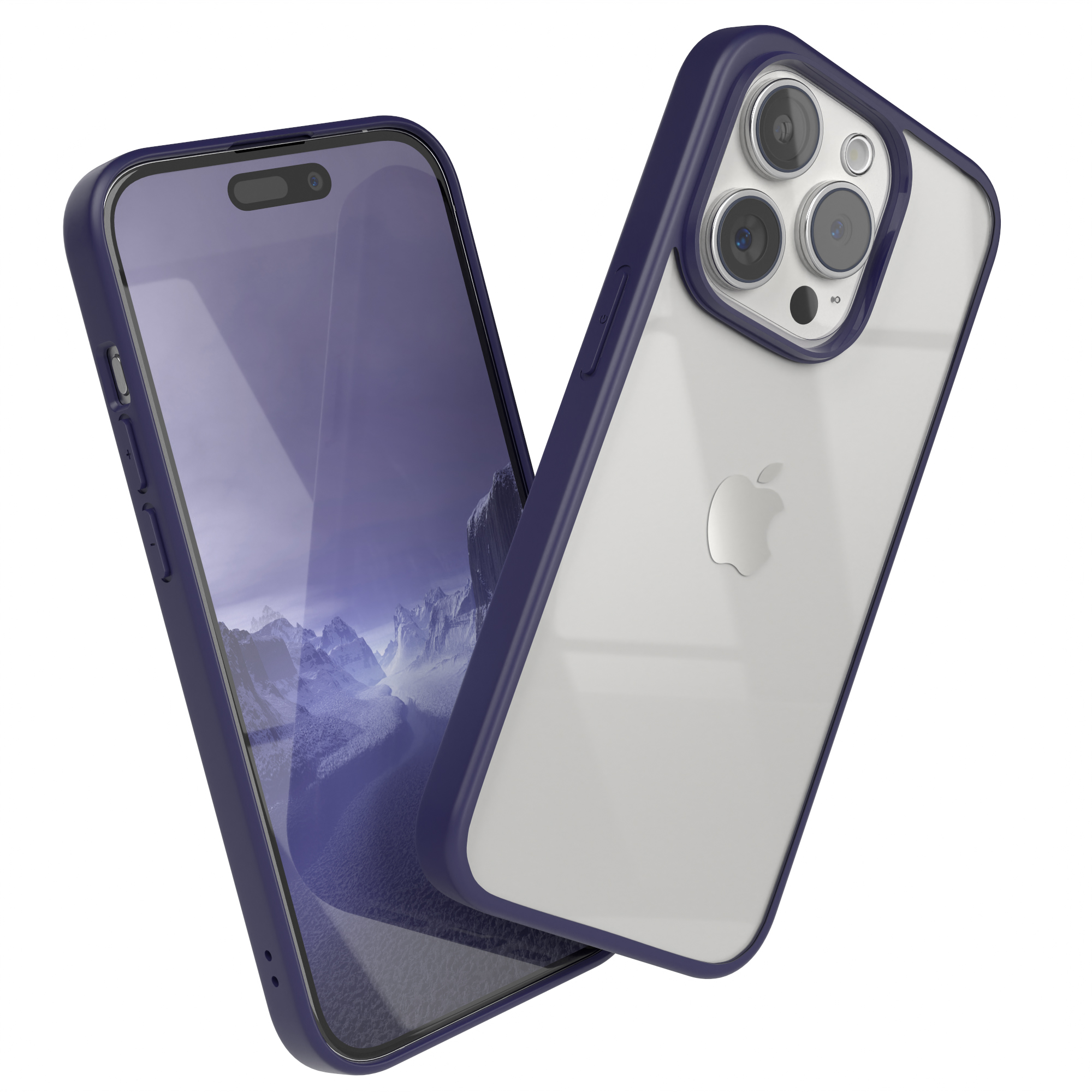 Zwei Telefone mit blauen Hüllen werden gezeigt. Das Telefon links liegt mit der Vorderseite nach oben, rechts mit der Rückseite nach oben. Weißer Hintergrund.