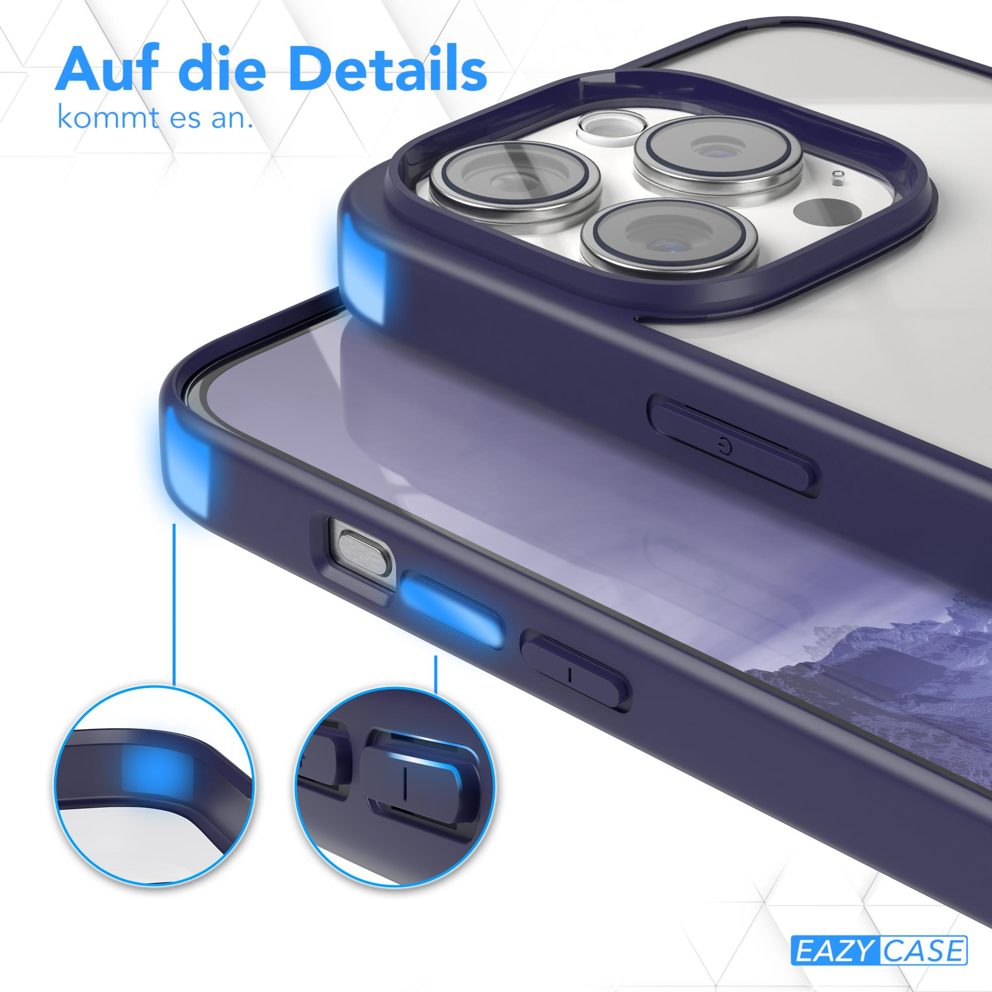 Nahaufnahme einer blauen Handyhülle mit hervorgehobenen Tasten, die Produktdetails zeigt.