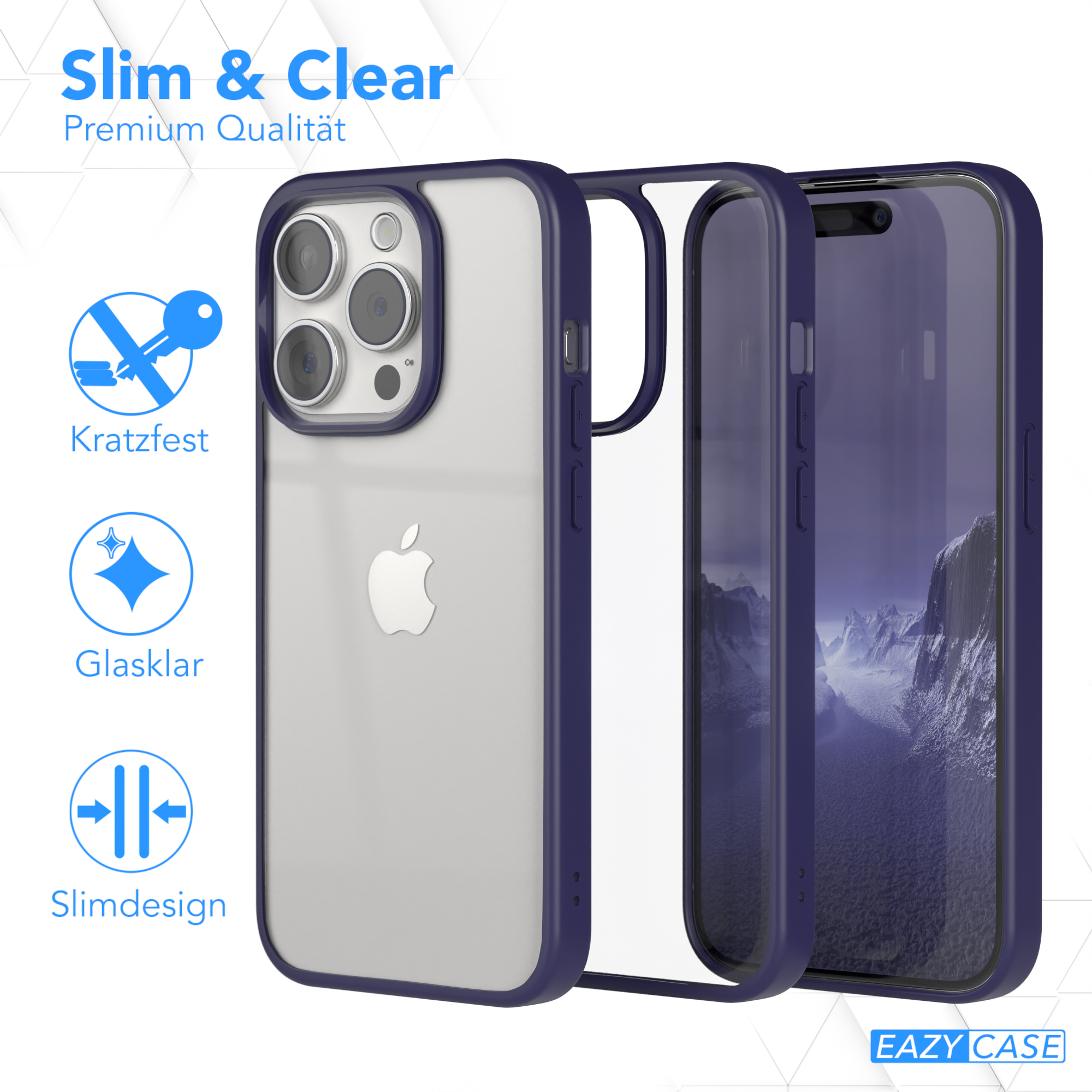 Handyhülle mit blauem Rahmen und klarer Rückseite, die das Telefon zeigt.