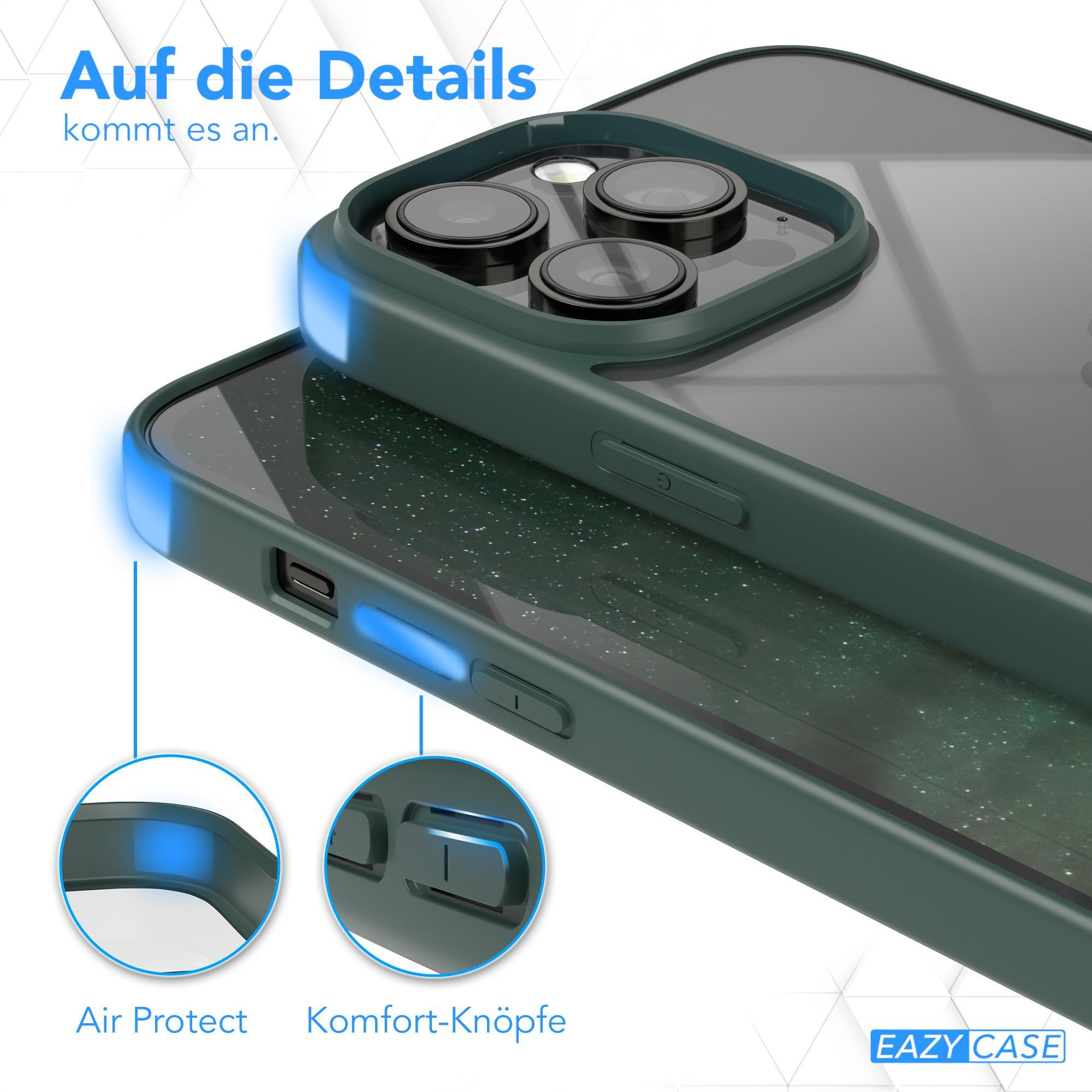 Nahaufnahme einer grünen Handyhülle mit Telefon. Text: Air Protect, Komfort-Knöpfe. Blaue Highlights.