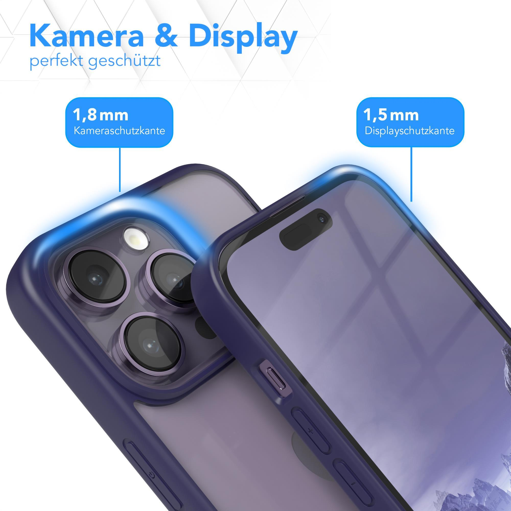 Zwei transparente Handyhüllen auf Telefonen, Text zum Kamera- und Bildschirmschutz. Blaue Akzente und Textlabels.