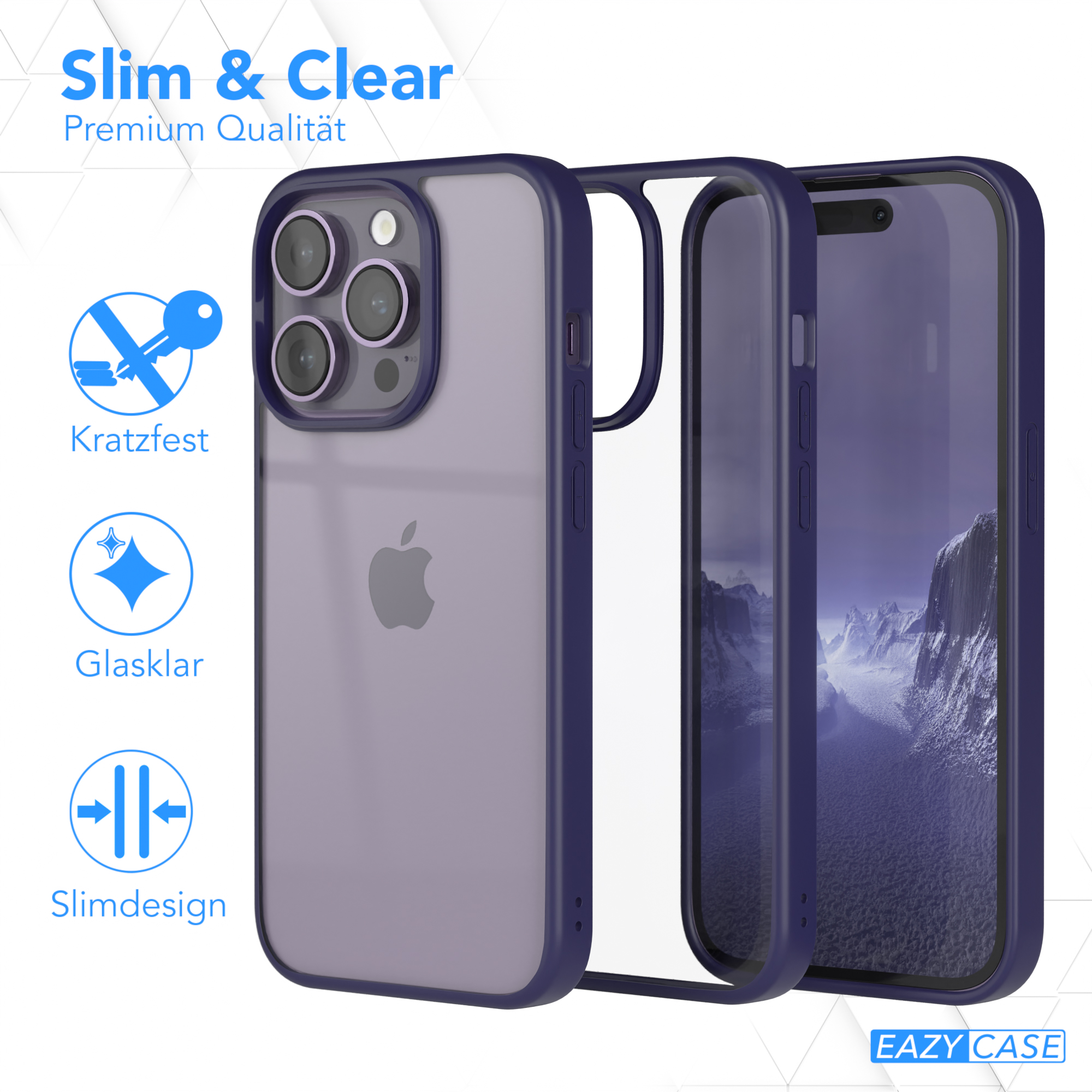 Transparente Handyhülle auf einem Telefon, mit blauem Rahmen. Text lautet 'Kratzfest' und 'Schlankes Design'.