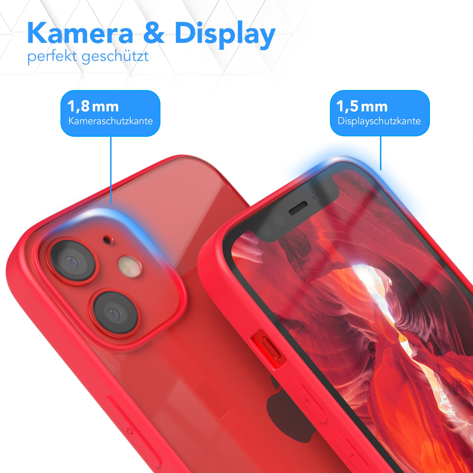 Nahaufnahme einer roten Handyhülle mit Details zum Display- und Kameraschutz.