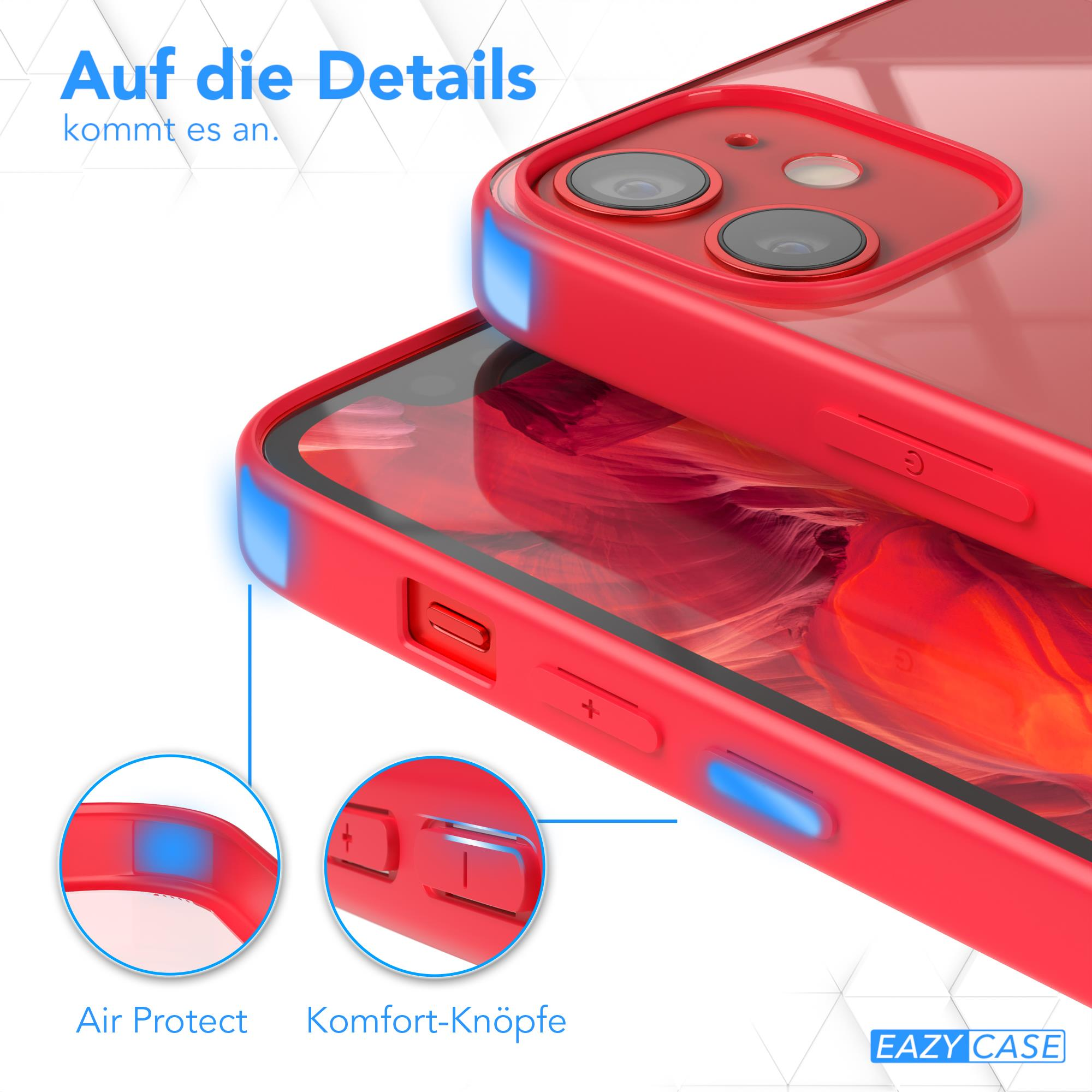 Rote Handyhülle, Nahaufnahme, Tasten-Details. Air Protect, Comfort-Knöpfe-Etiketten sind vorhanden.