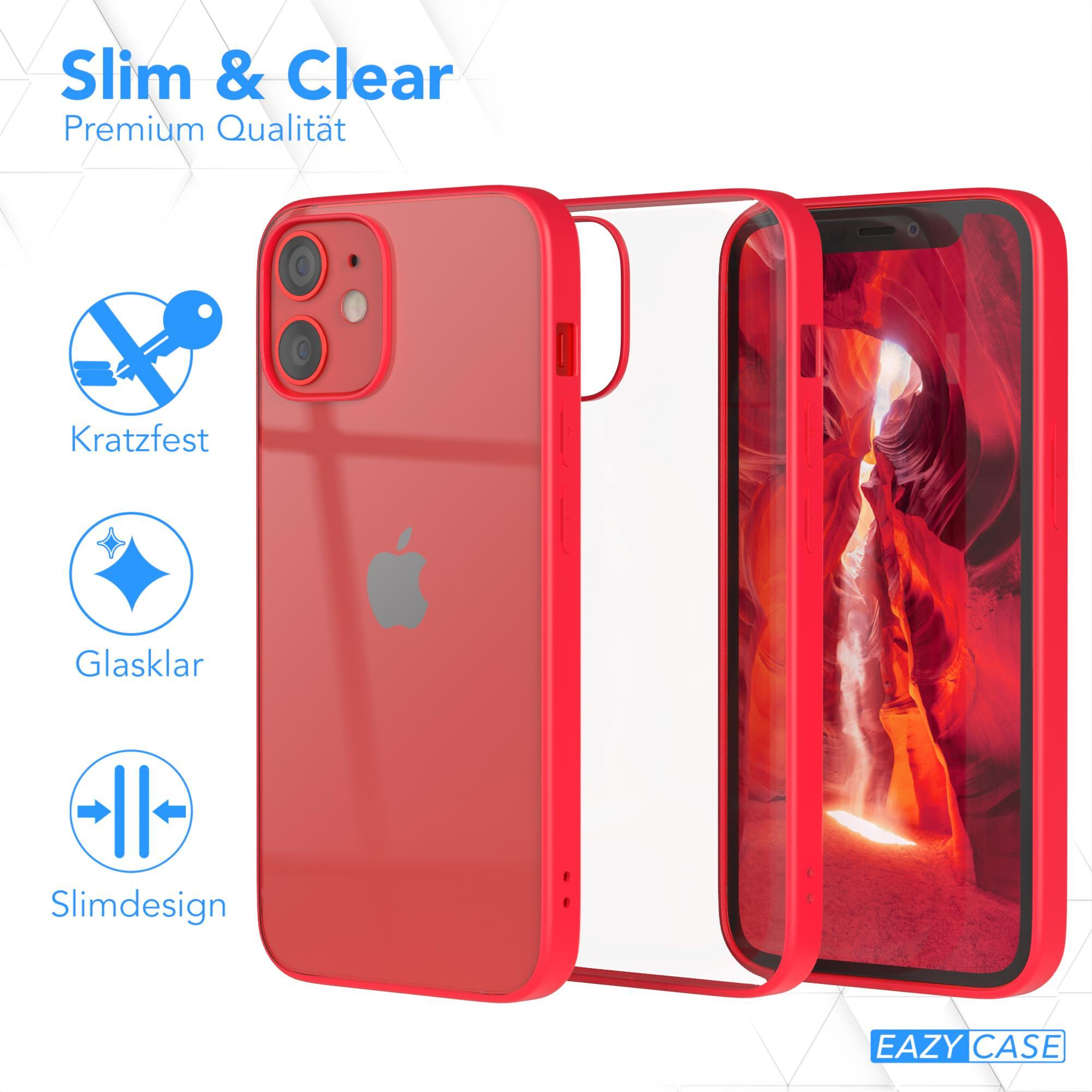 Rote iPhone-Hülle mit transparentem Rücken, Schlüssel und Apple-Logo auf weißem Hintergrund.