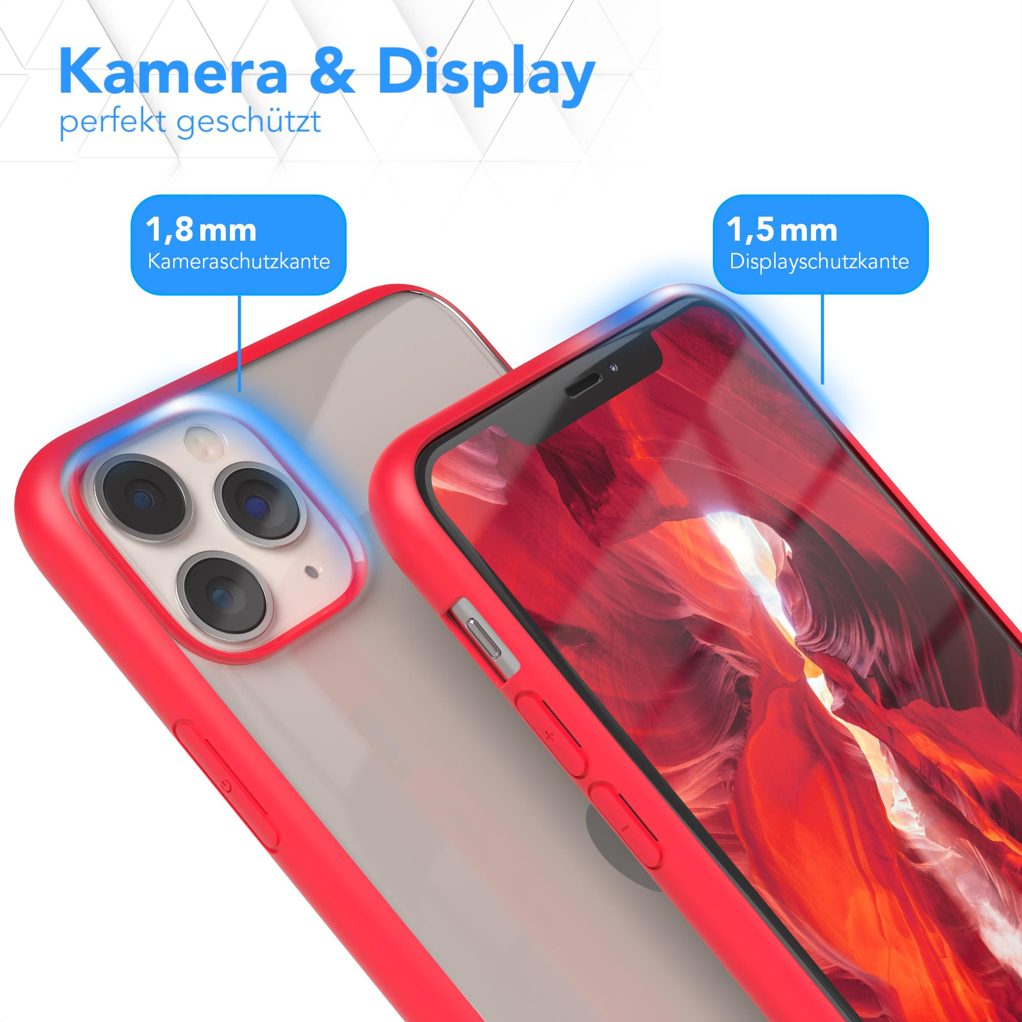 Zwei rote Handyhüllen, eine auf einem Telefon, mit Kamera und Bildschirm, die andere ohne Telefon.