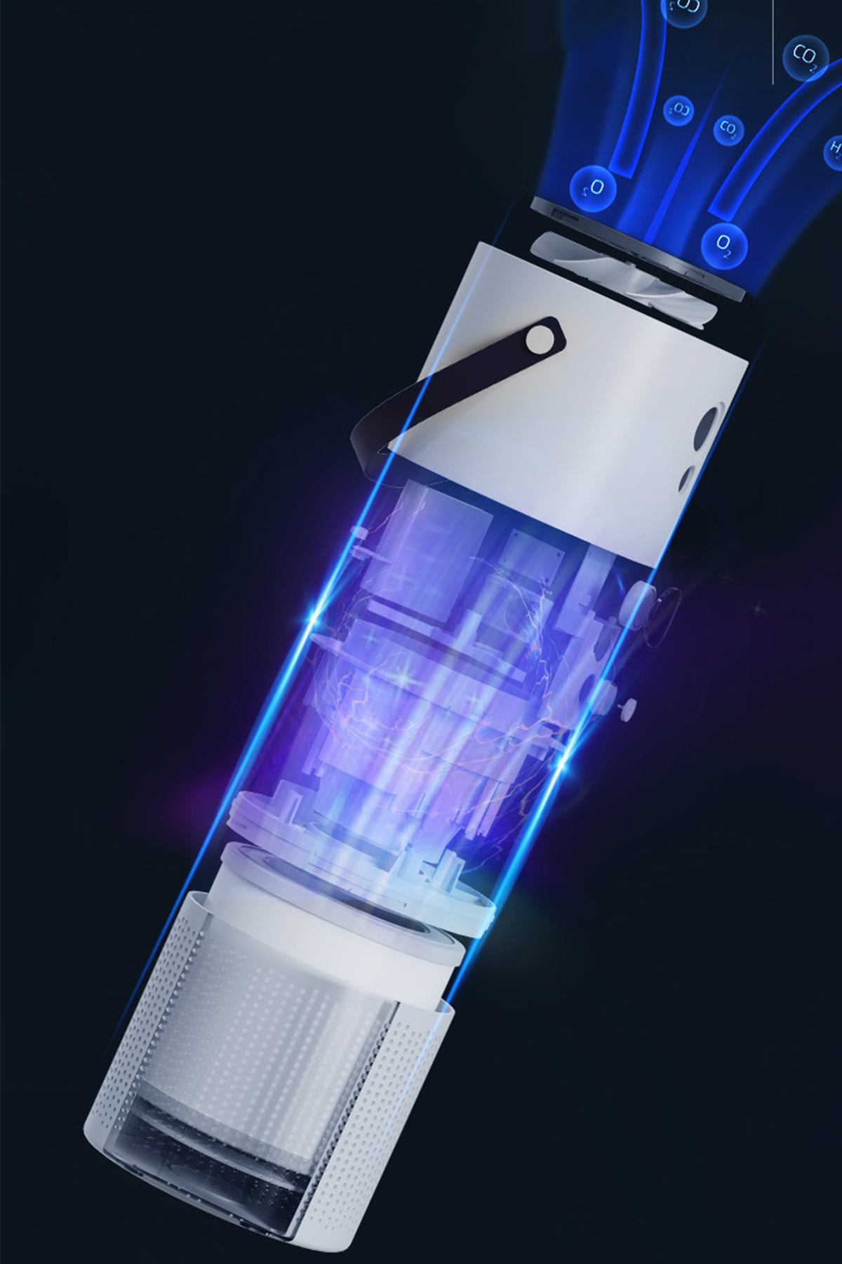 Ein weiß-schwarzer Luftreiniger, der blaues Licht emittiert, mit Partikelstromdiagrammen.