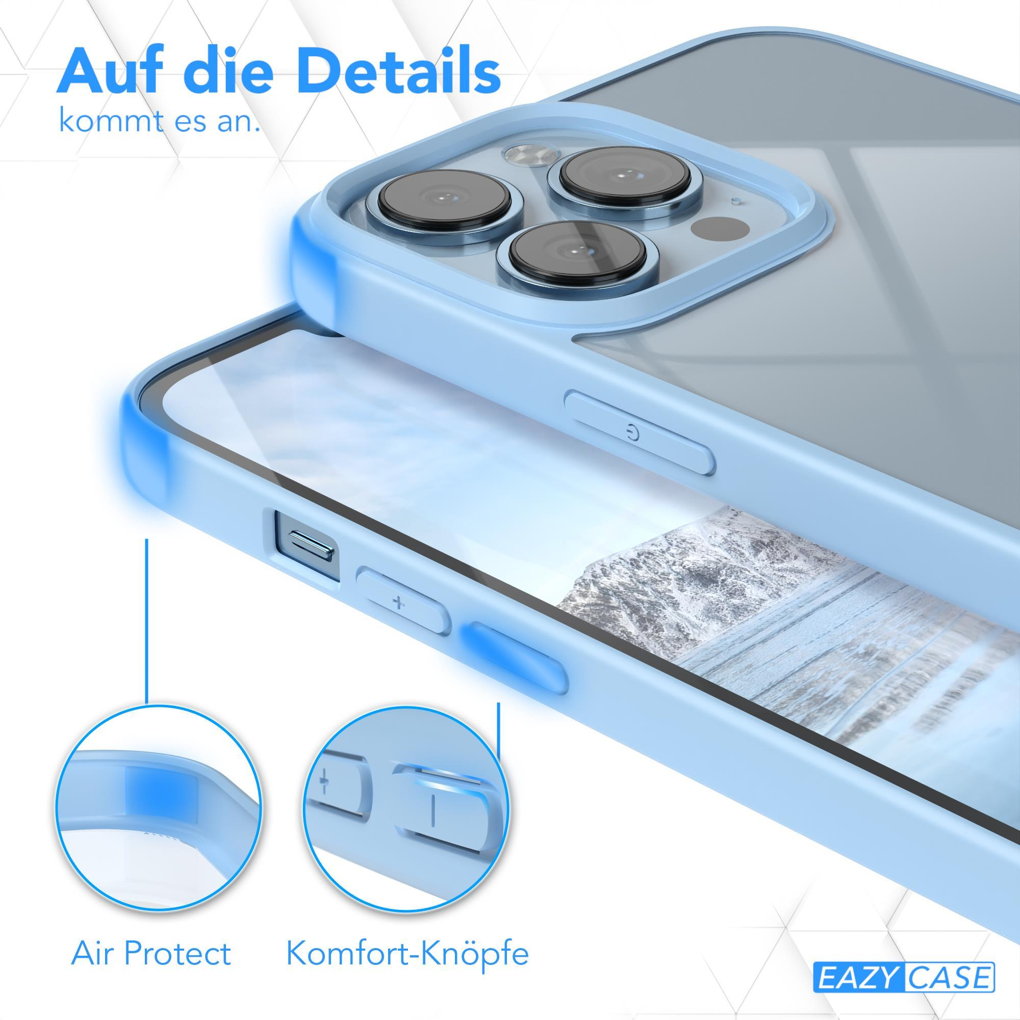 Blaue Handyhülle mit hellblauem Stoßfänger und Knöpfen. Detail des Designs der Hülle, mit Text.