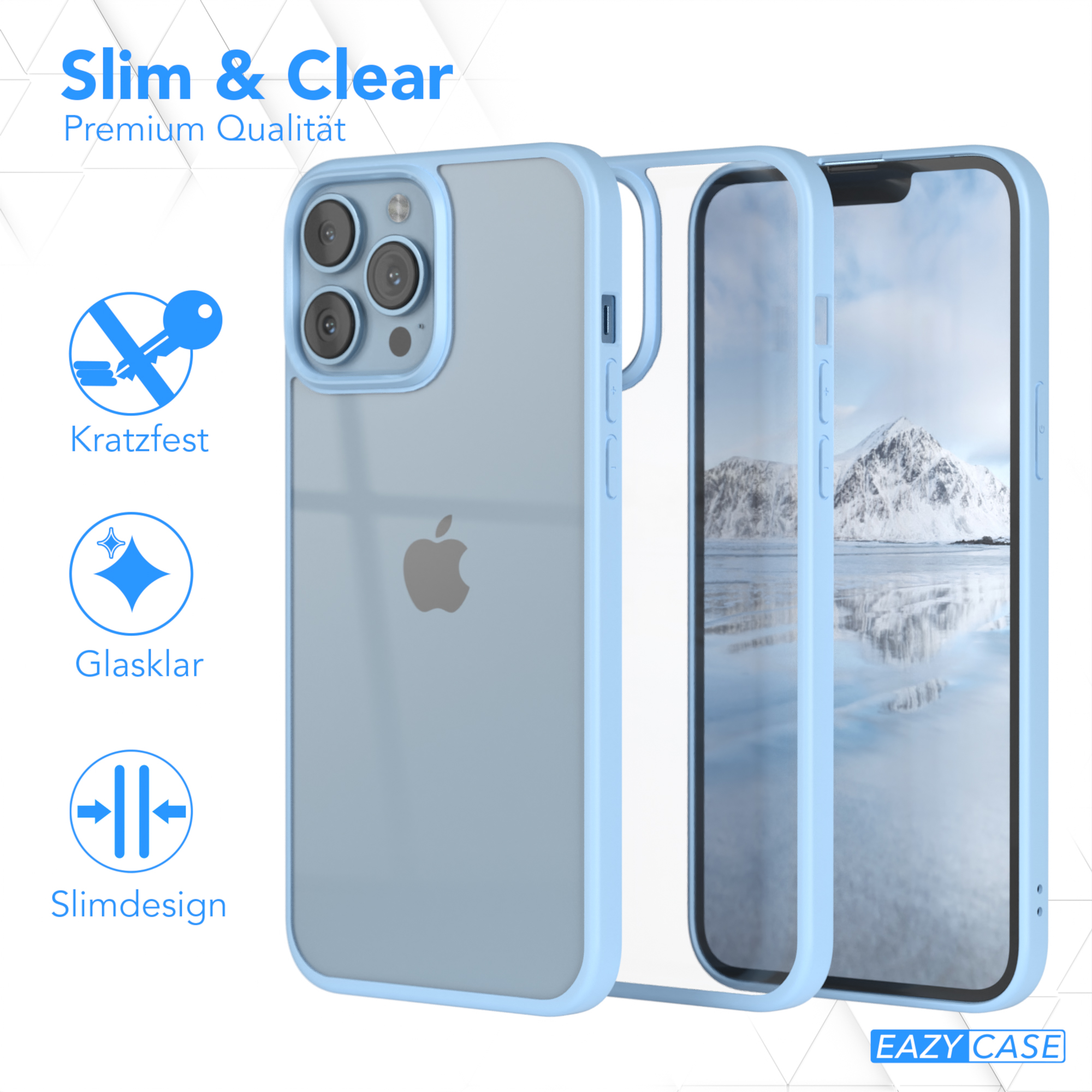 Eine transparente iPhone-Hülle mit hellblauem Rand, geöffnet, um das Telefon zu zeigen. Text: Schlank & Klar.
