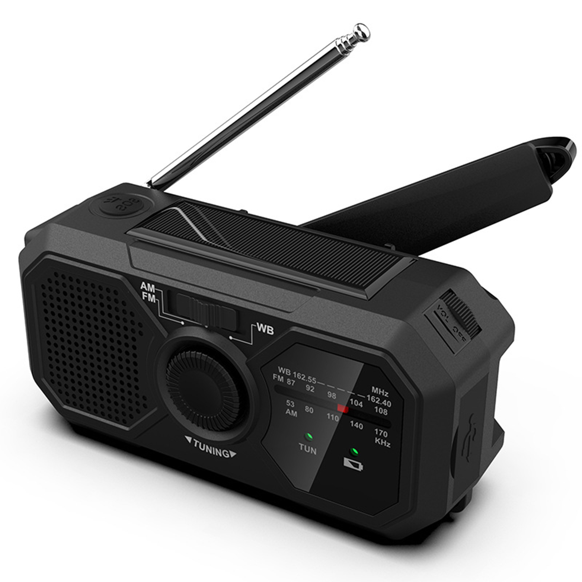 Schwarzes Notfallradio mit Antenne, Solarpanel und Drehrad. Beschriftungen: AM, FM, WB und Tuning.