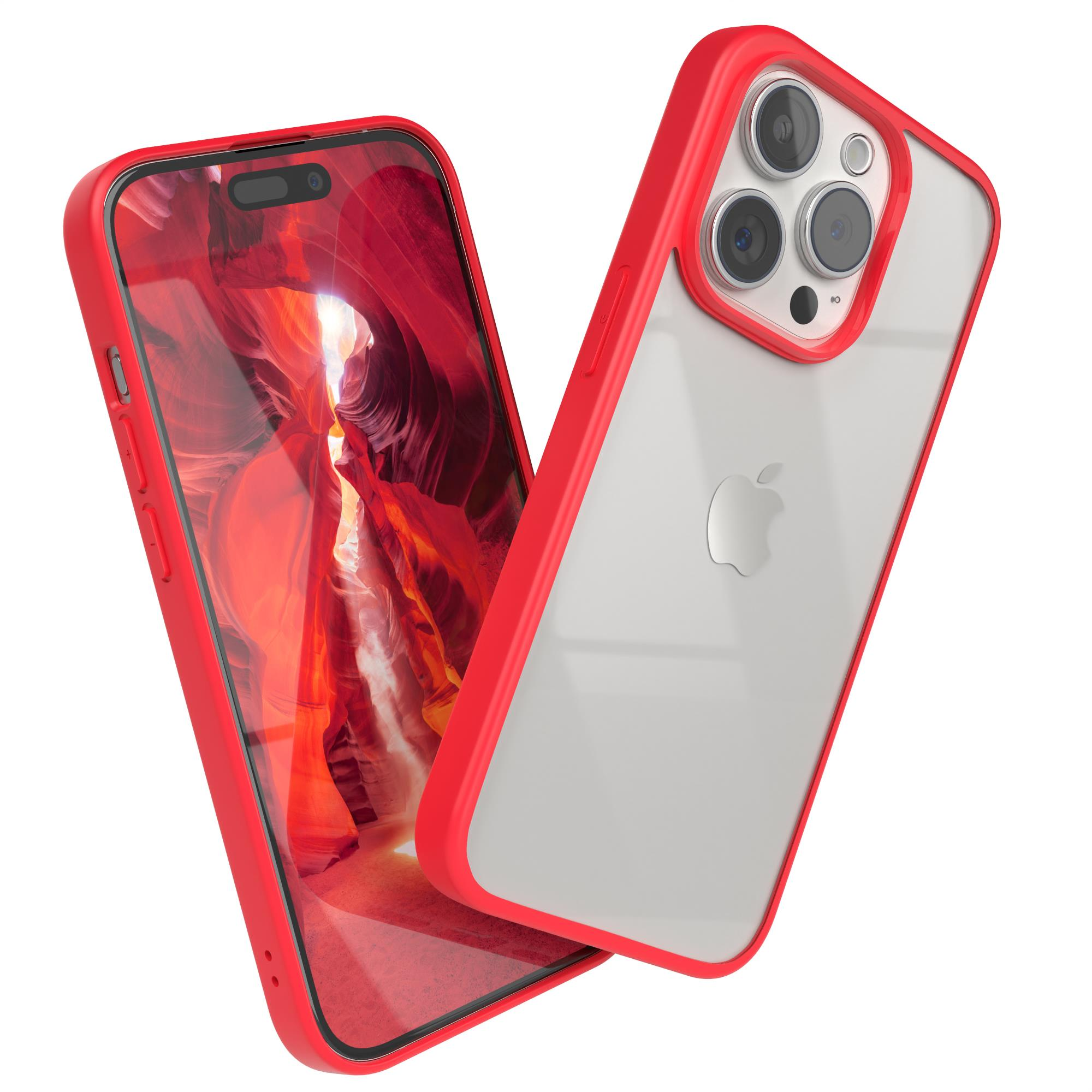 Rote Handyhülle über Telefon, Bildschirm zeigt Canyon. Zweite transparente Hülle rechts.