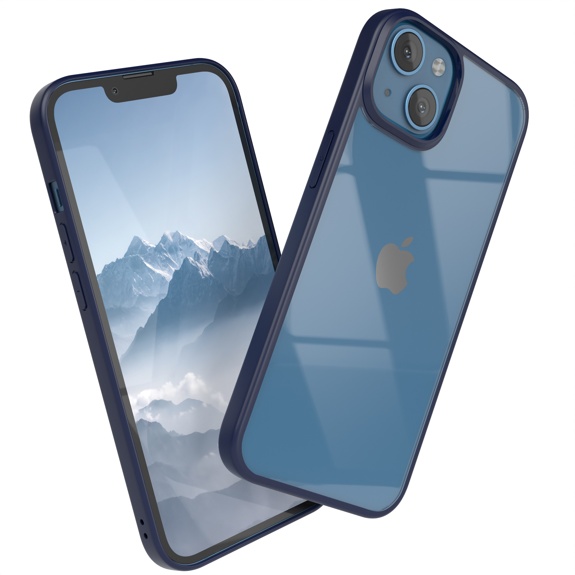 Zwei iPhone-Hüllen, eine auf dem Telefon, die andere daneben. Sie sind blau und transparent.