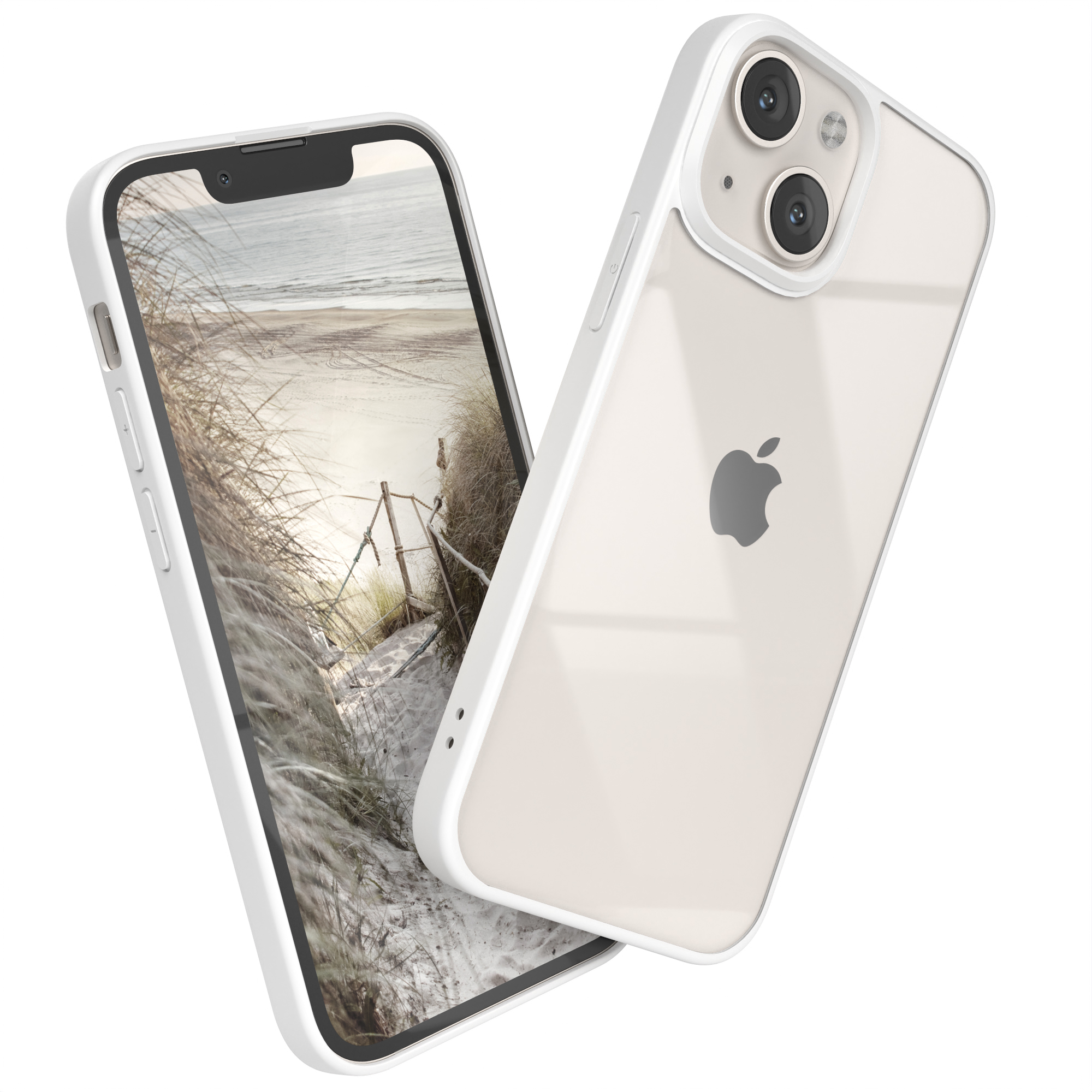 Zwei Telefone mit weißem Gehäuse, eines zeigt eine Strandszene.
