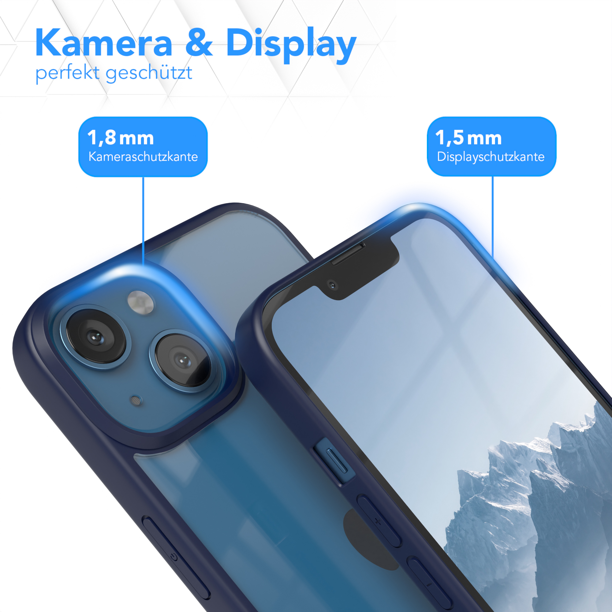 Eine Handyhülle mit blauem Rahmen und transparentem Rückteil, das das Telefon schützt.