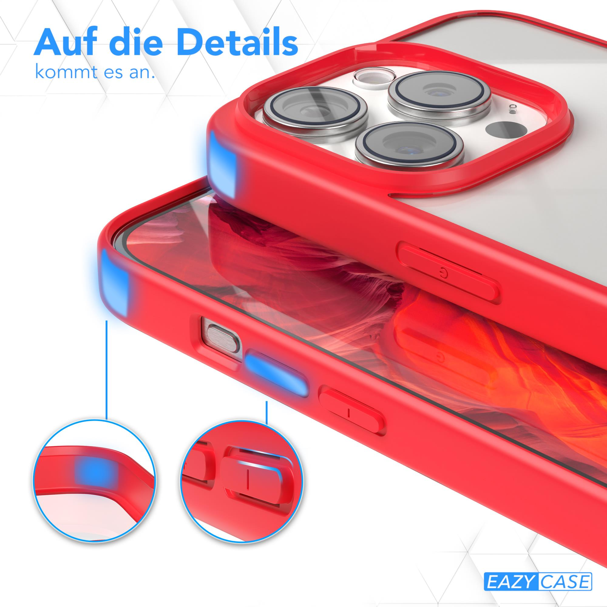 Rote Handyhülle mit Knöpfen. Detailansichten mit Text: Auf die Details kommt es an und EAZY CASE.