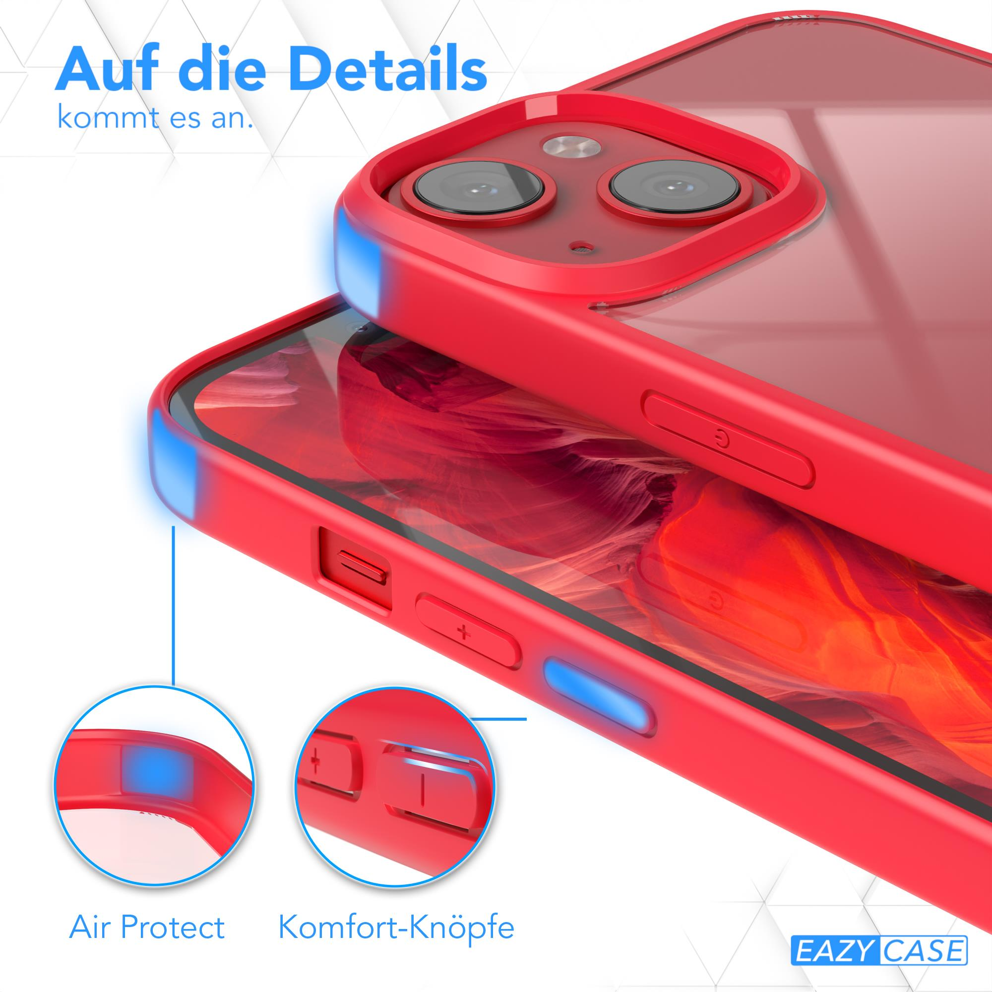 Rote Handyhülle mit blauen Akzenten. Nahaufnahmen zeigen Knöpfe und Schutzfunktionen. Text: Air Protect, Komfort-Knöpfe.