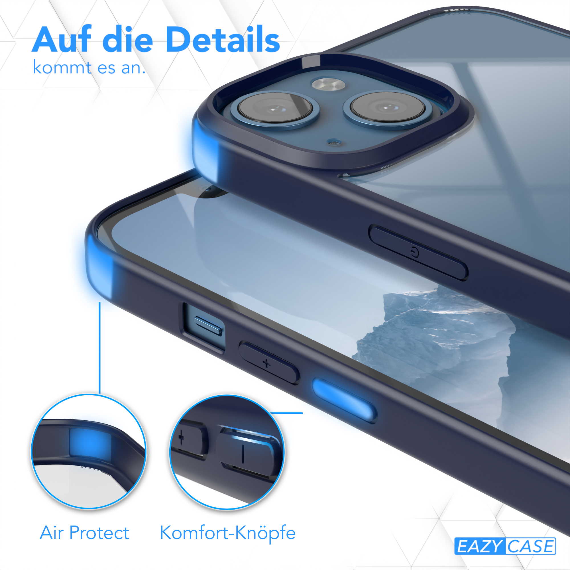 Transparente Handyhülle mit marinefarbenen Akzenten, zeigt Seitentasten und Luftschutzdetails.