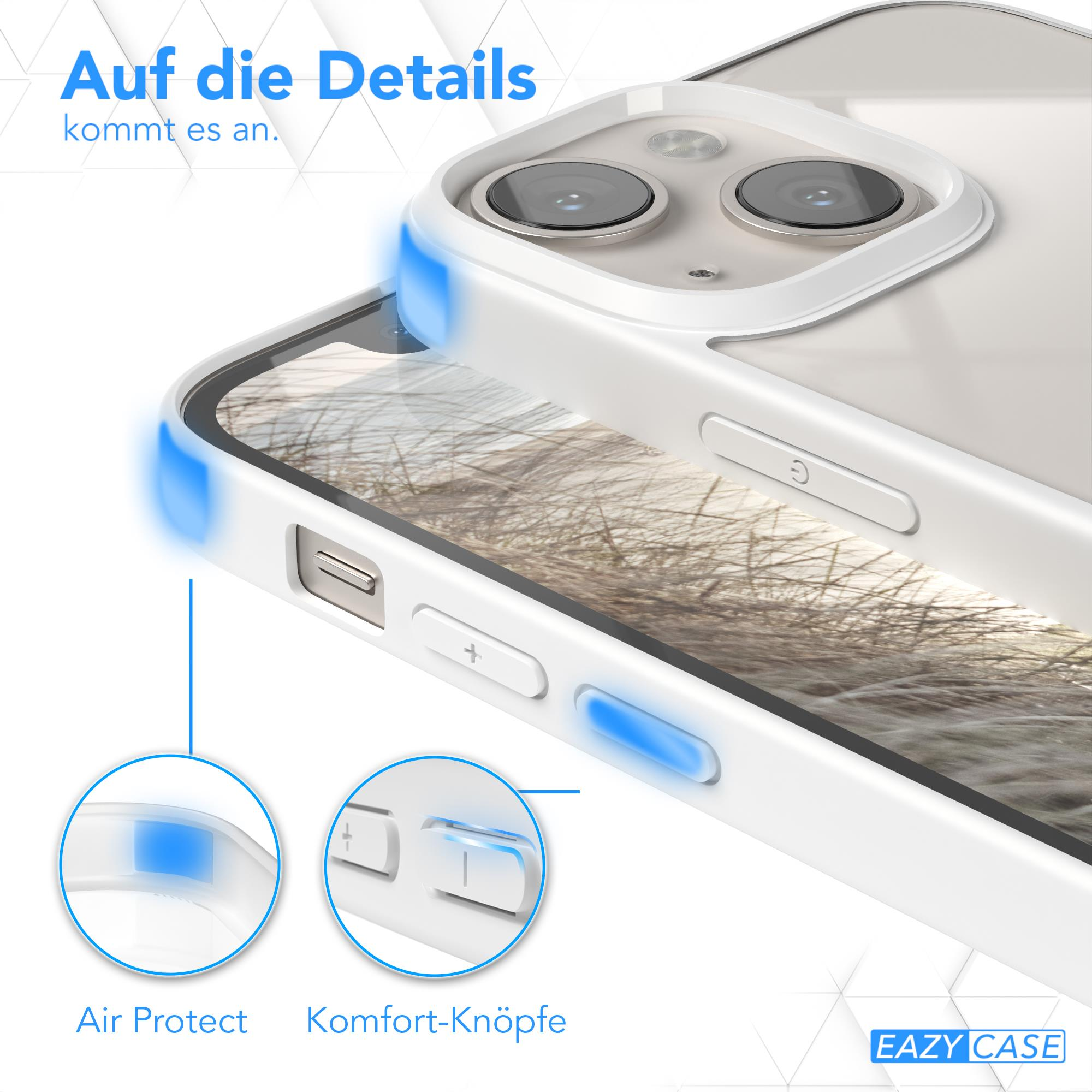 Weiße Handyhülle mit Kamera- und Knopfdetails. Text: Air Protect, Komfort-Knöpfe.