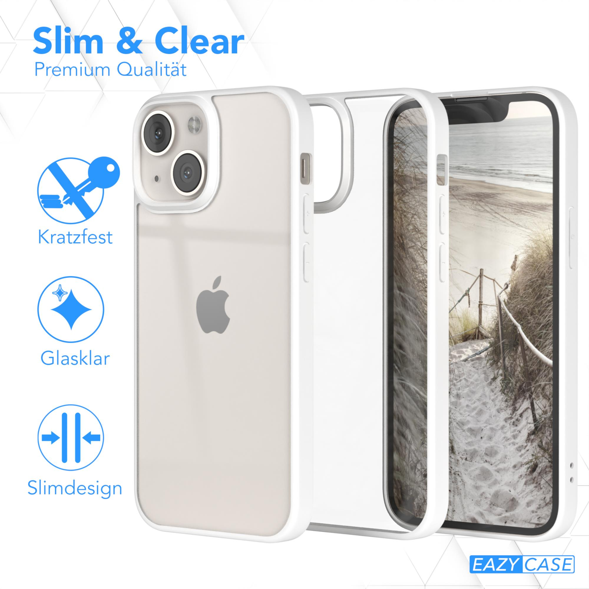 Eine Handyhülle mit durchsichtigem Rücken, weißem Rahmen und Apple-Logo. Der Text lautet Slim & Clear.
