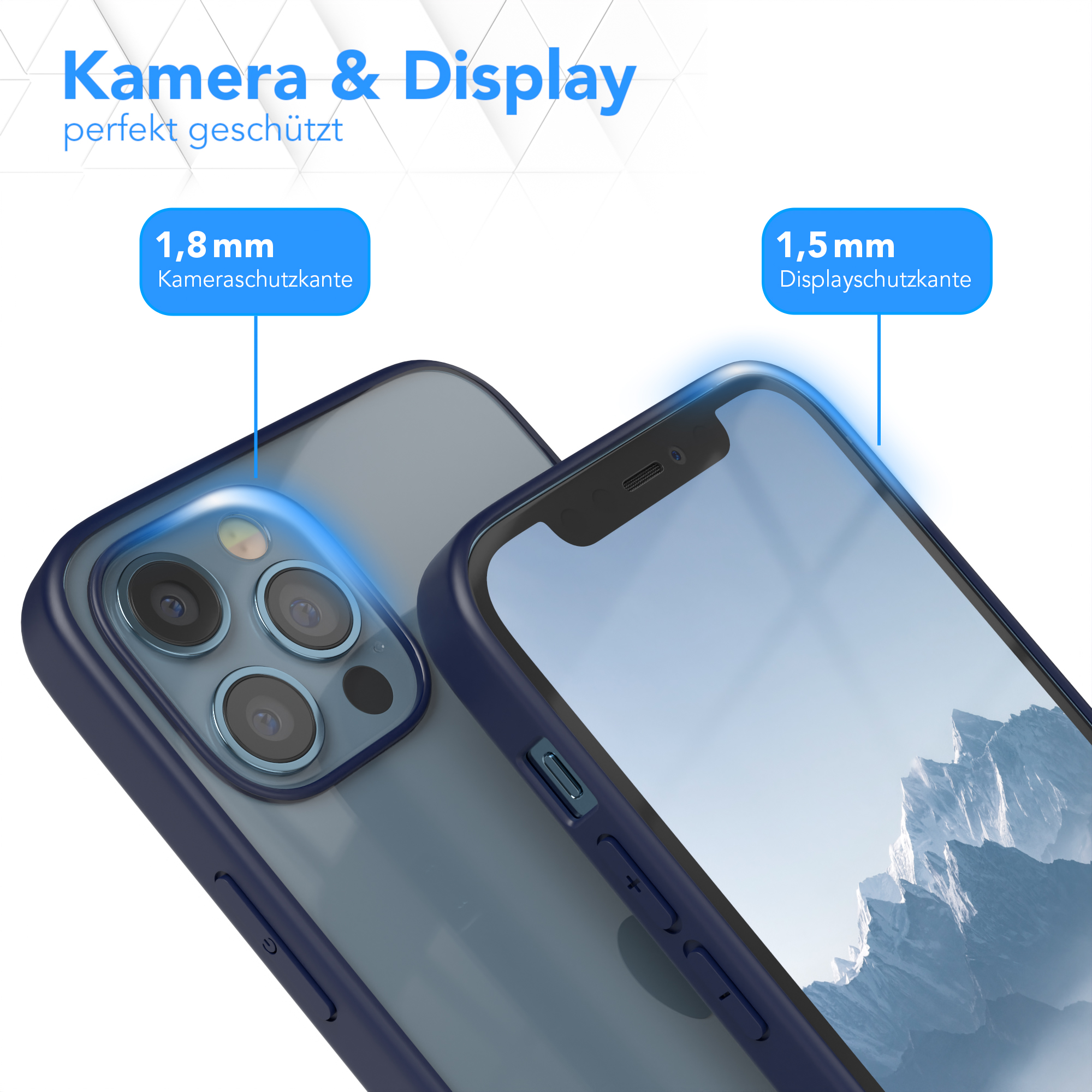 Eine Handyhülle auf einem Telefon, die Kamera- und Displayschutzmaße zeigt.