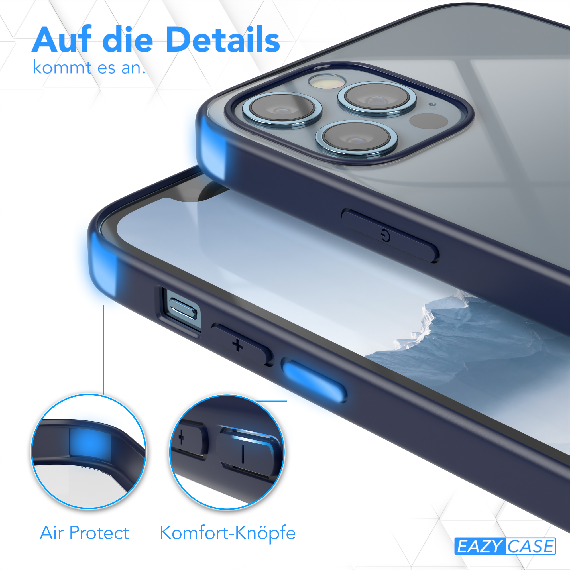 Eine dunkelblaue Handyhülle mit einem Telefon darin. Detail der Tasten und der Eckluftschutz.