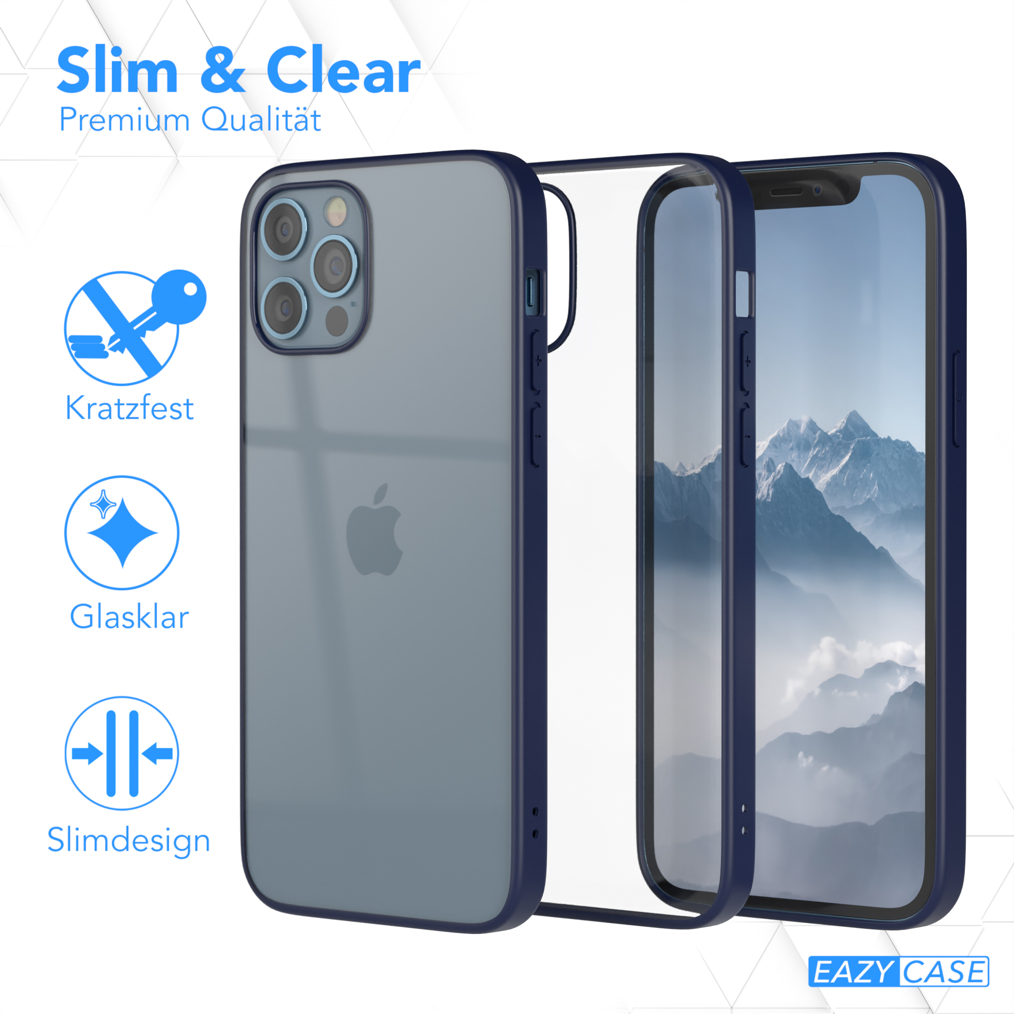 Transparente Handyhülle mit iPhone. Es hat einen blauen Rand und Text.