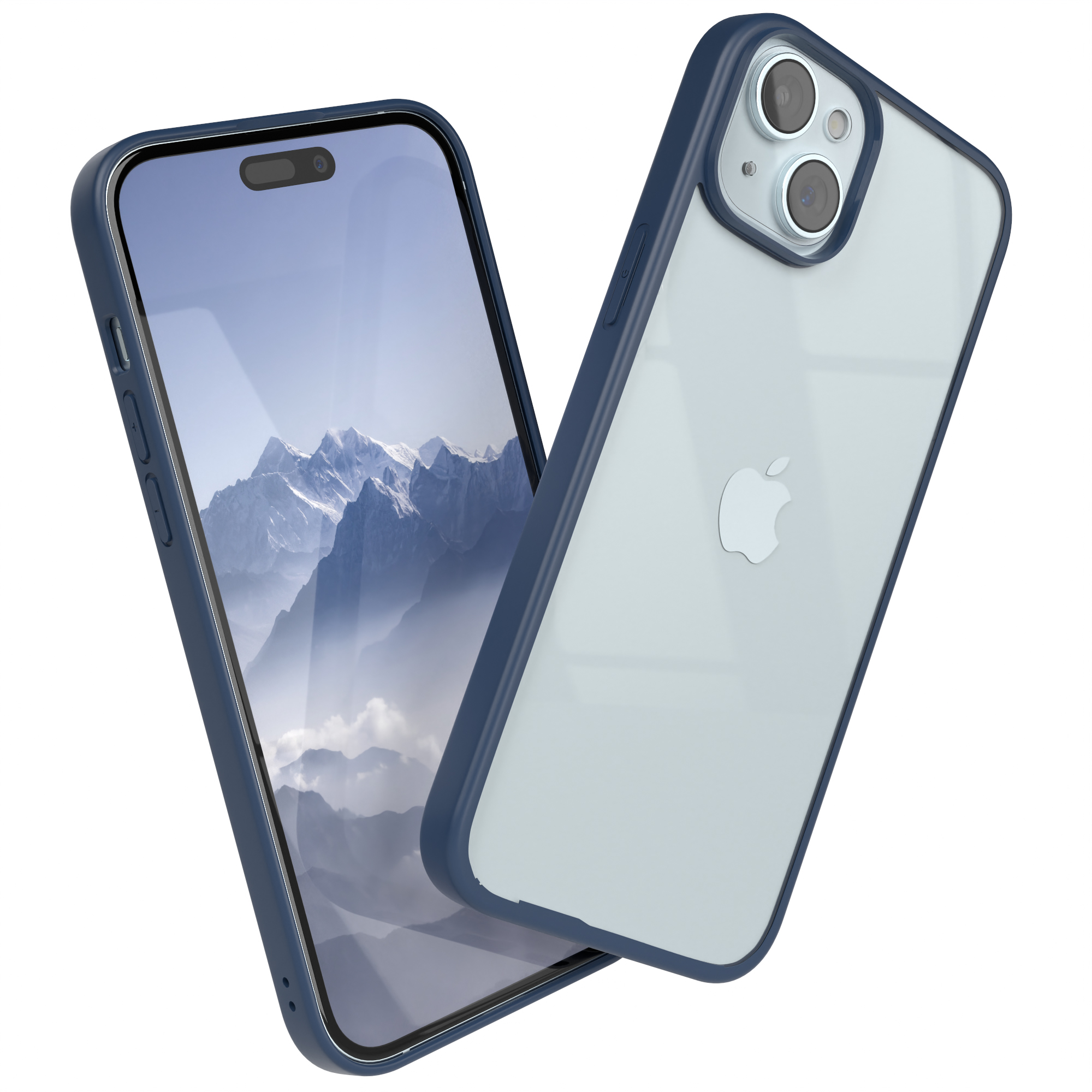 Eine blaue Handyhülle mit einem Telefon im Inneren, das einen verschwommenen Hintergrund zeigt.