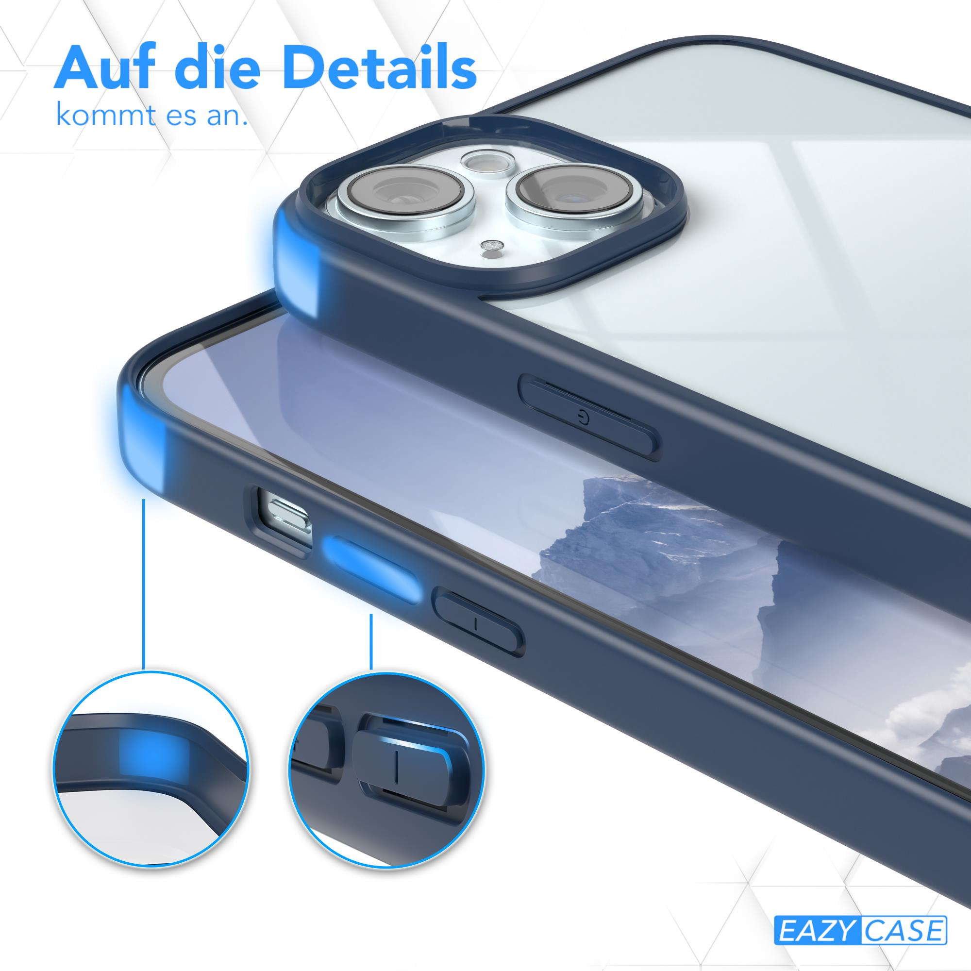 Klare Handyhülle mit blauen Akzenten. Details der Hülle sind hervorgehoben. Der Text 'Auf die Details kommt es an' ist sichtbar.